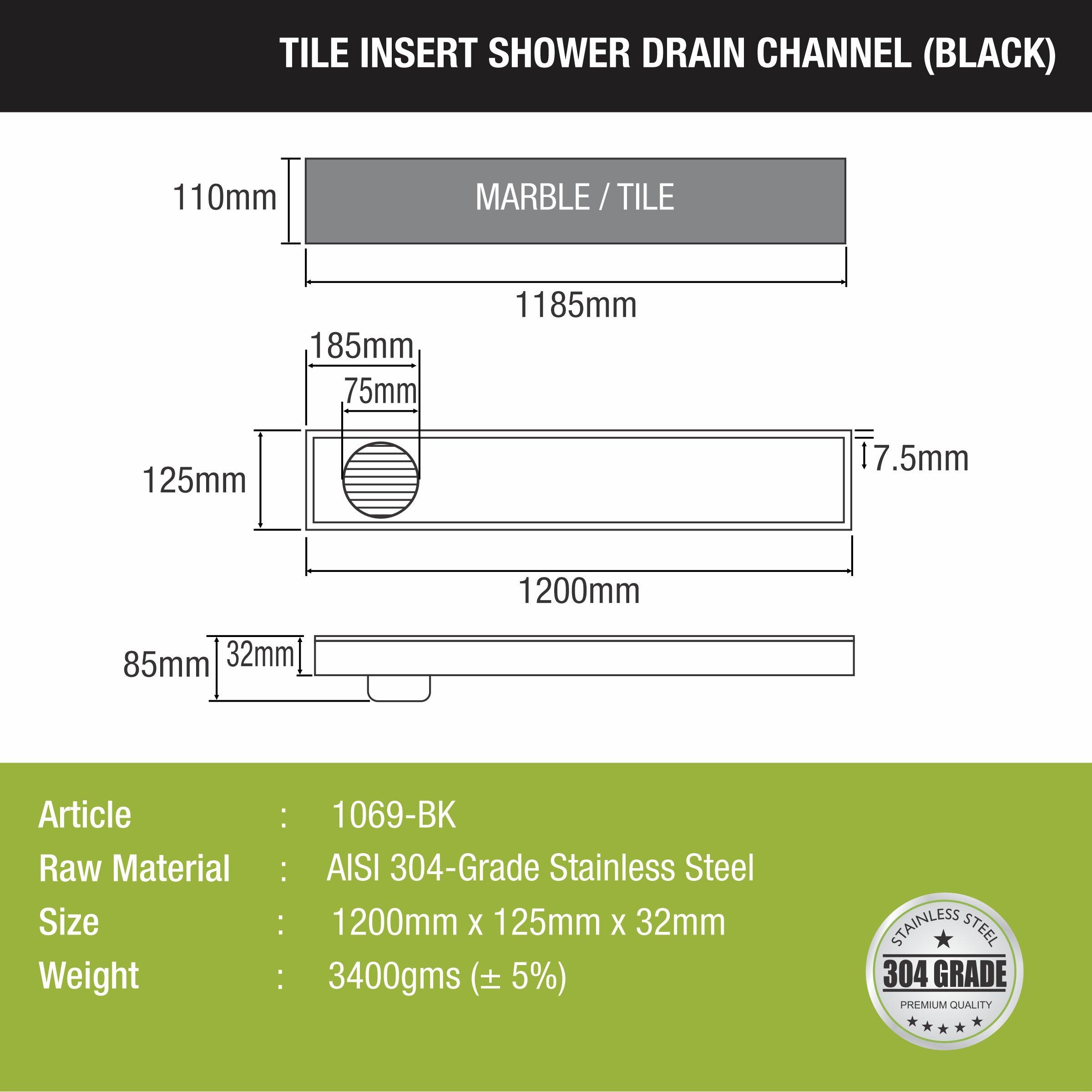 Tile Insert Shower Drain Channel - Black (48 x 5 Inches) size and measurement
