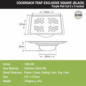 Purple Exclusive Square Flat Cut Floor Drain in Black PVD Coating (5 x 5 Inches) with Cockroach Trap - LIPKA - Lipka Home