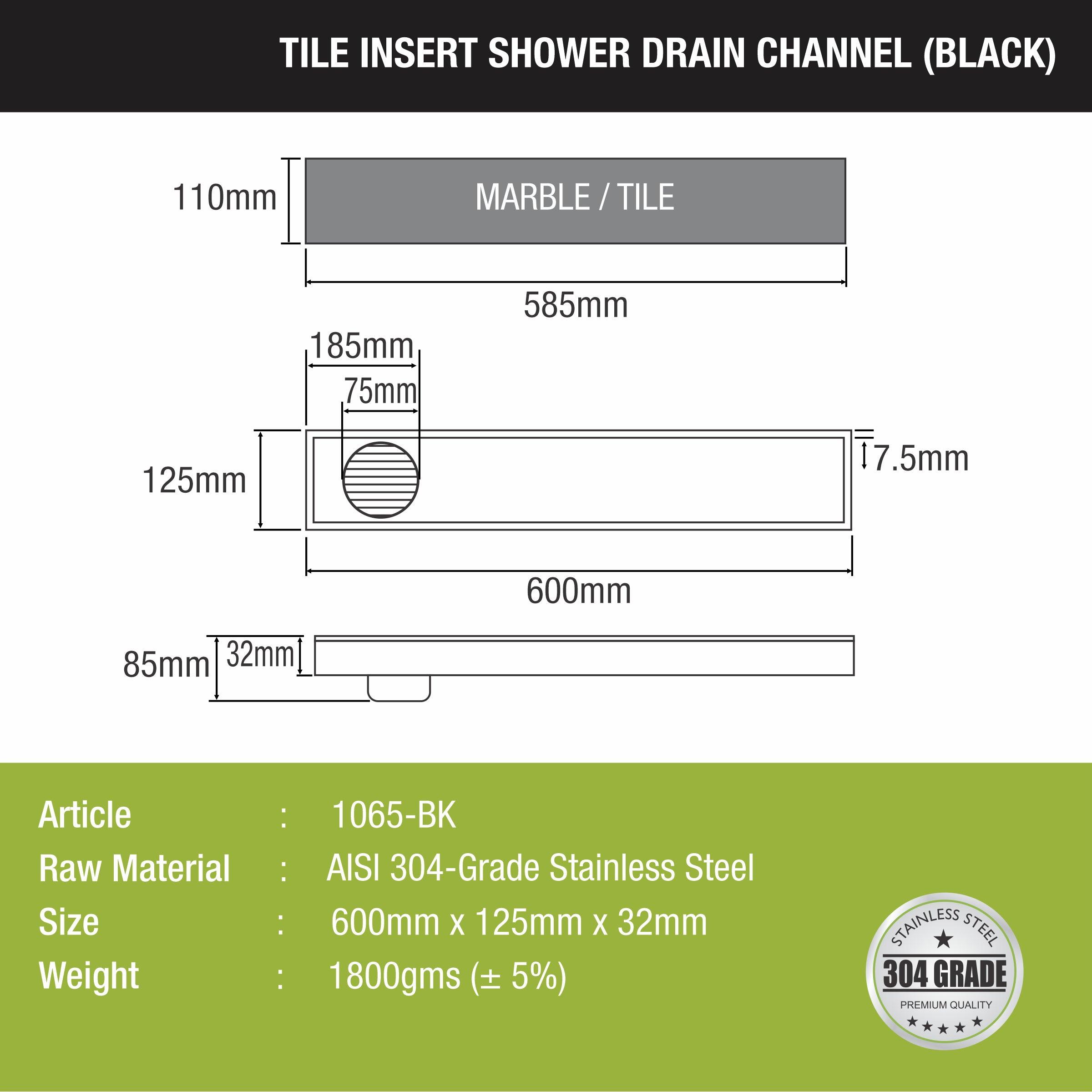 Tile Insert Shower Drain Channel - Black (24 x 5 Inches) size and measurement