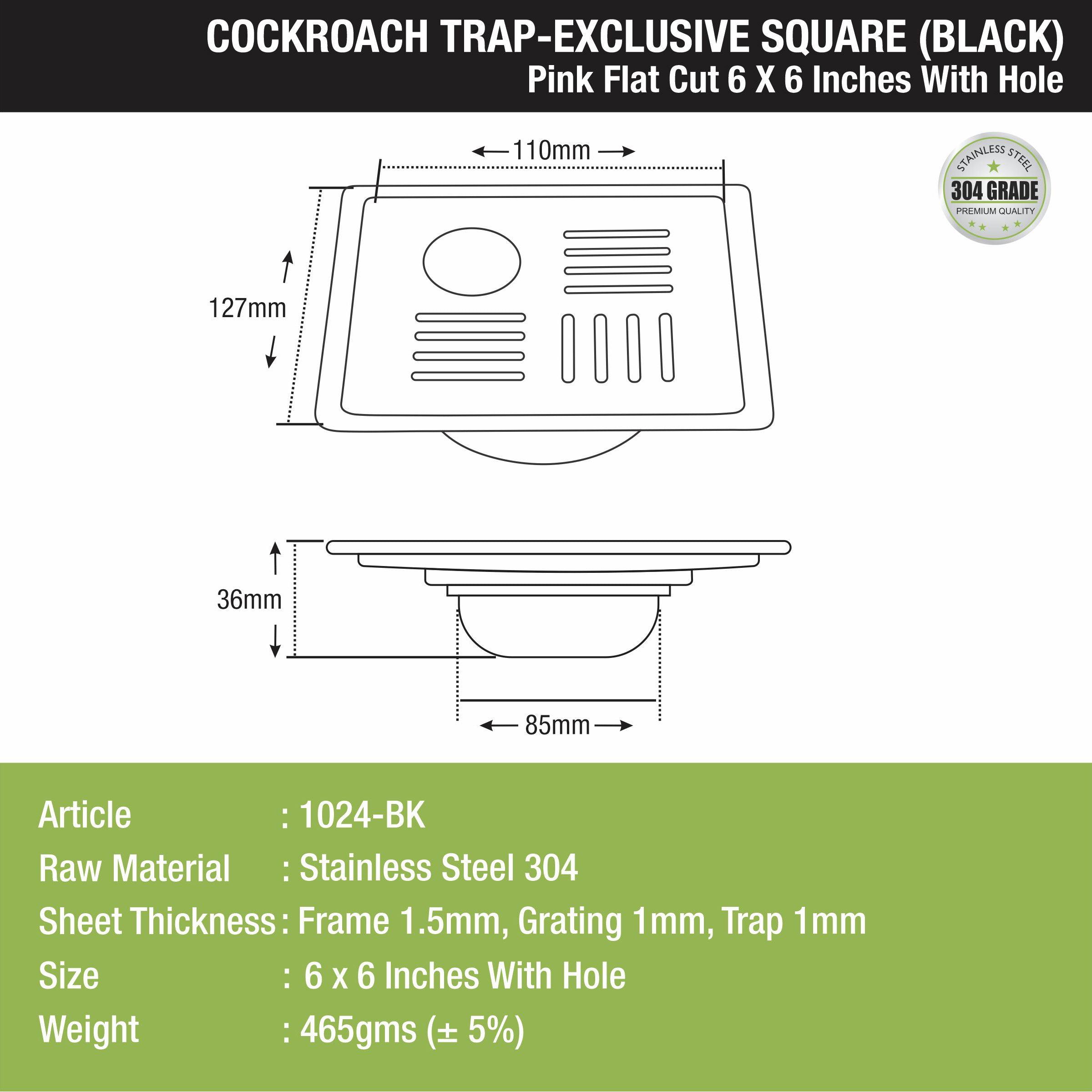 Pink Exclusive Square Flat Cut Floor Drain in Black PVD Coating (6 x 6 Inches) with Hole & Cockroach Trap size and measurement