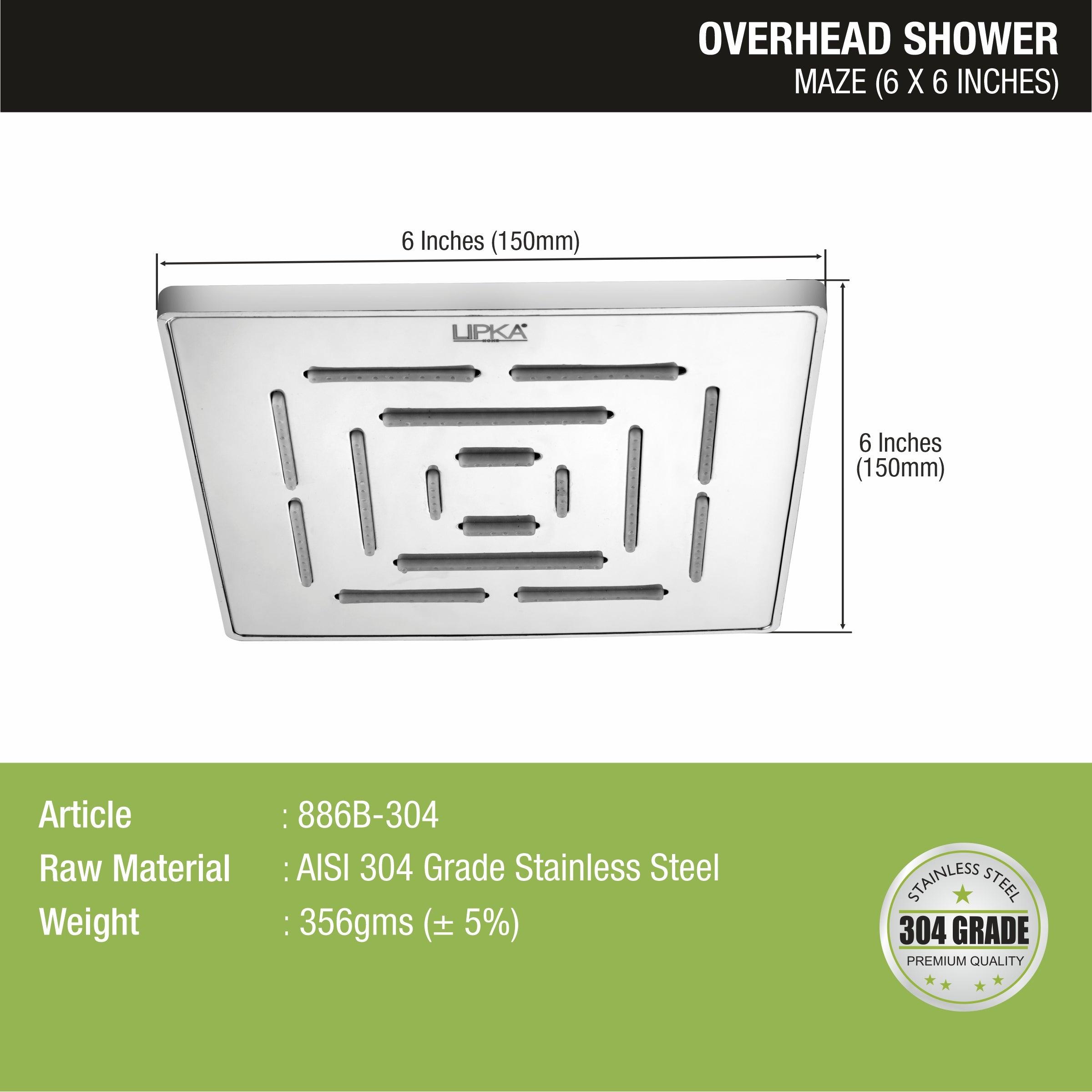 Maze 304-Grade Overhead Rain Shower (6 x 6 Inches) sizes and dimensions