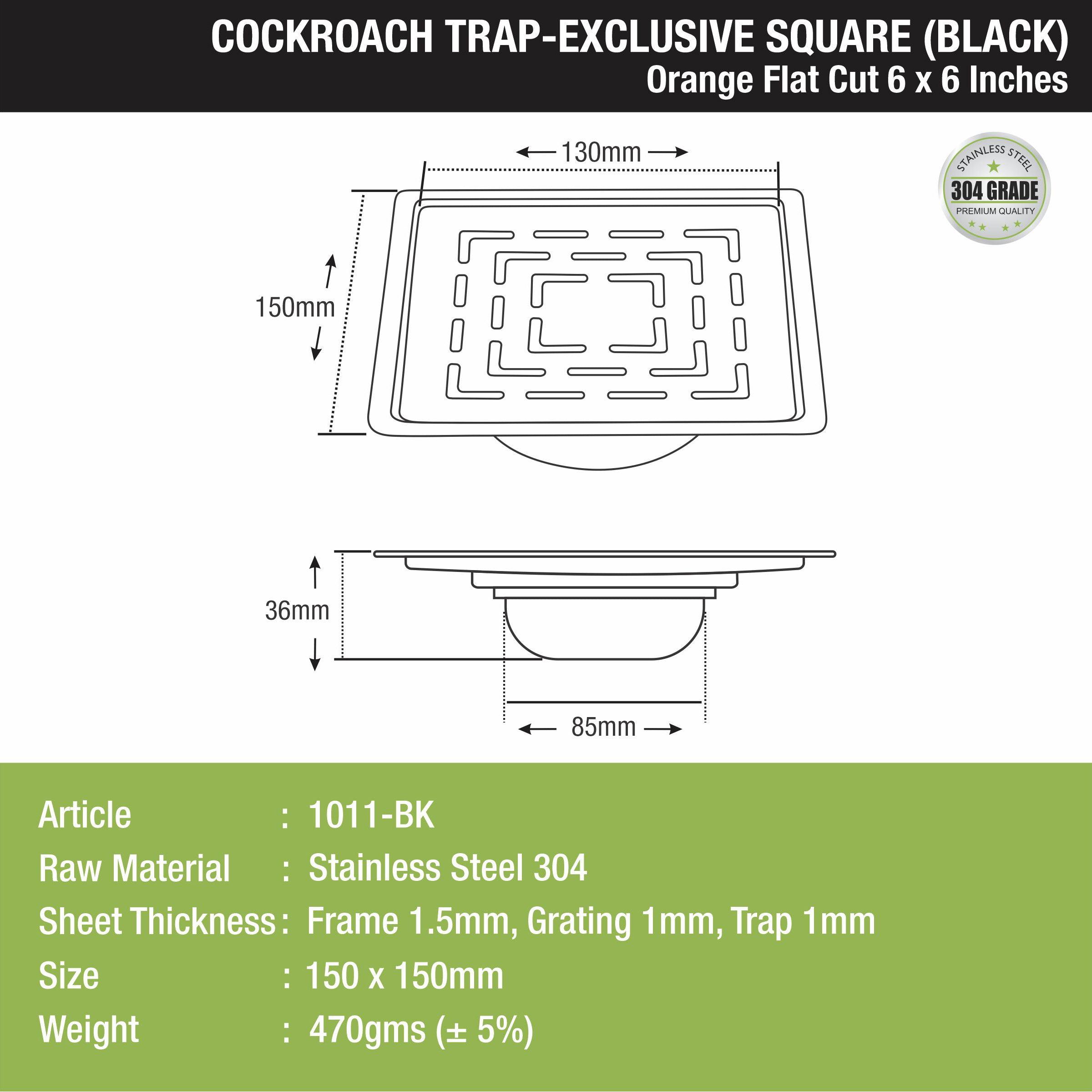 Orange Exclusive Square Flat Cut Floor Drain in Black PVD Coating (6 x 6 Inches) with Cockroach Trap  size and measurement