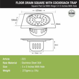 Square Flat Cut Floor Drain (5 x 5 Inches) with Hinge, Hole and Cockroach Trap - LIPKA - Lipka Home