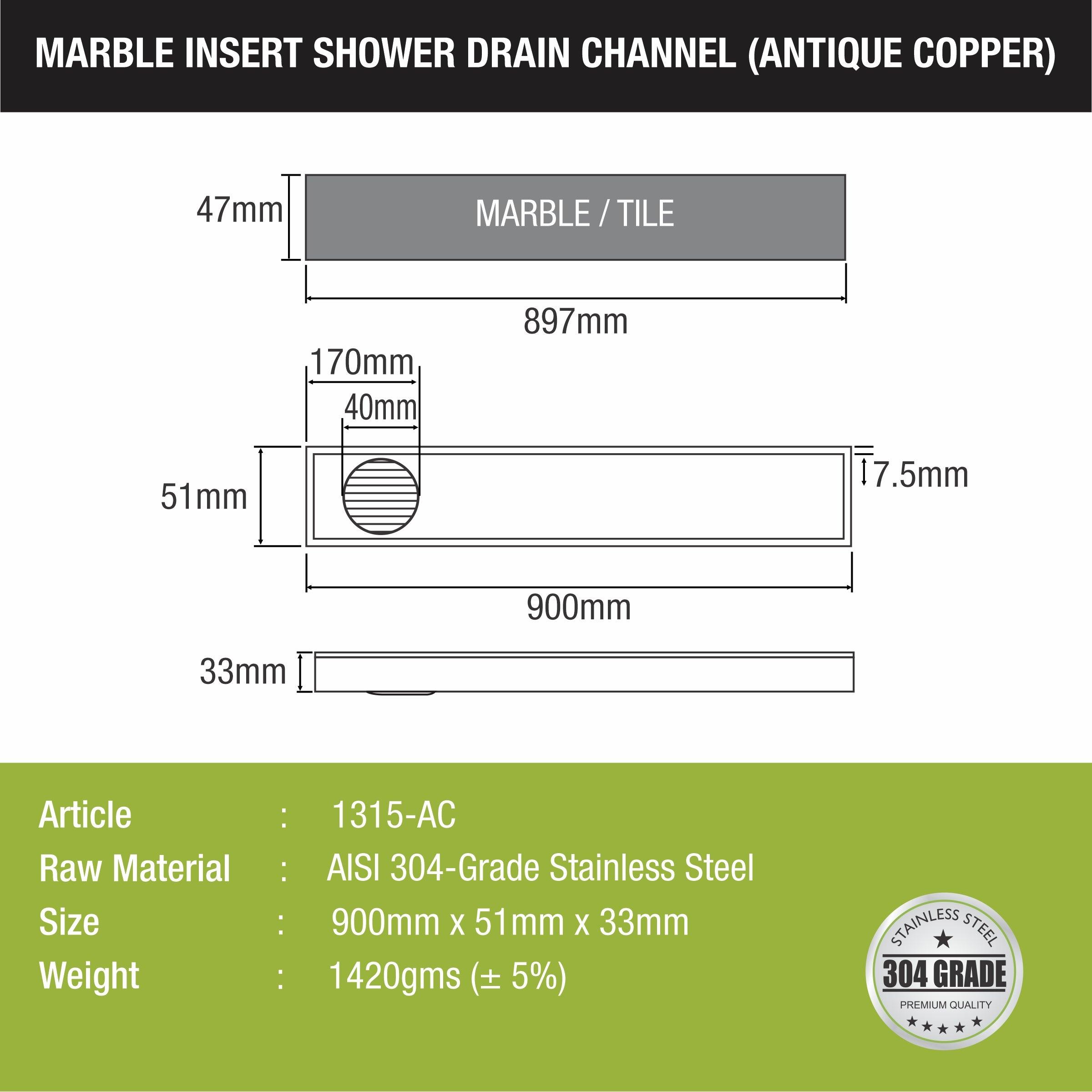 Marble Insert Shower Drain Channel - Antique Copper (36 x 2 Inches) sizes and dimensions