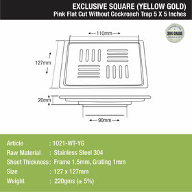 Pink Exclusive Square Flat Cut Floor Drain in Yellow Gold PVD Coating (5 x 5 Inches) - LIPKA - Lipka Home