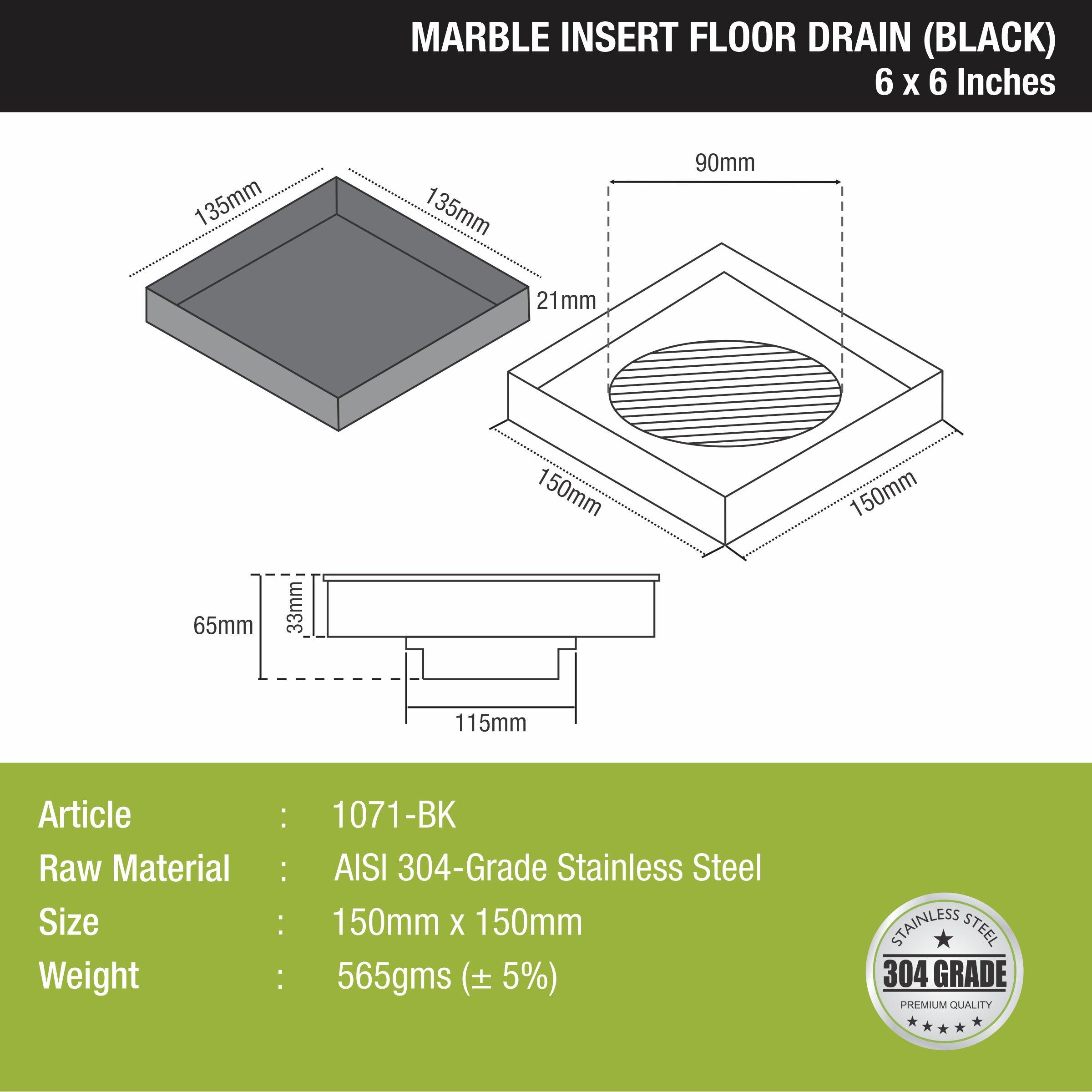 Marble Insert Square Floor Drain - Black (6 x 6 Inches) size and measurement