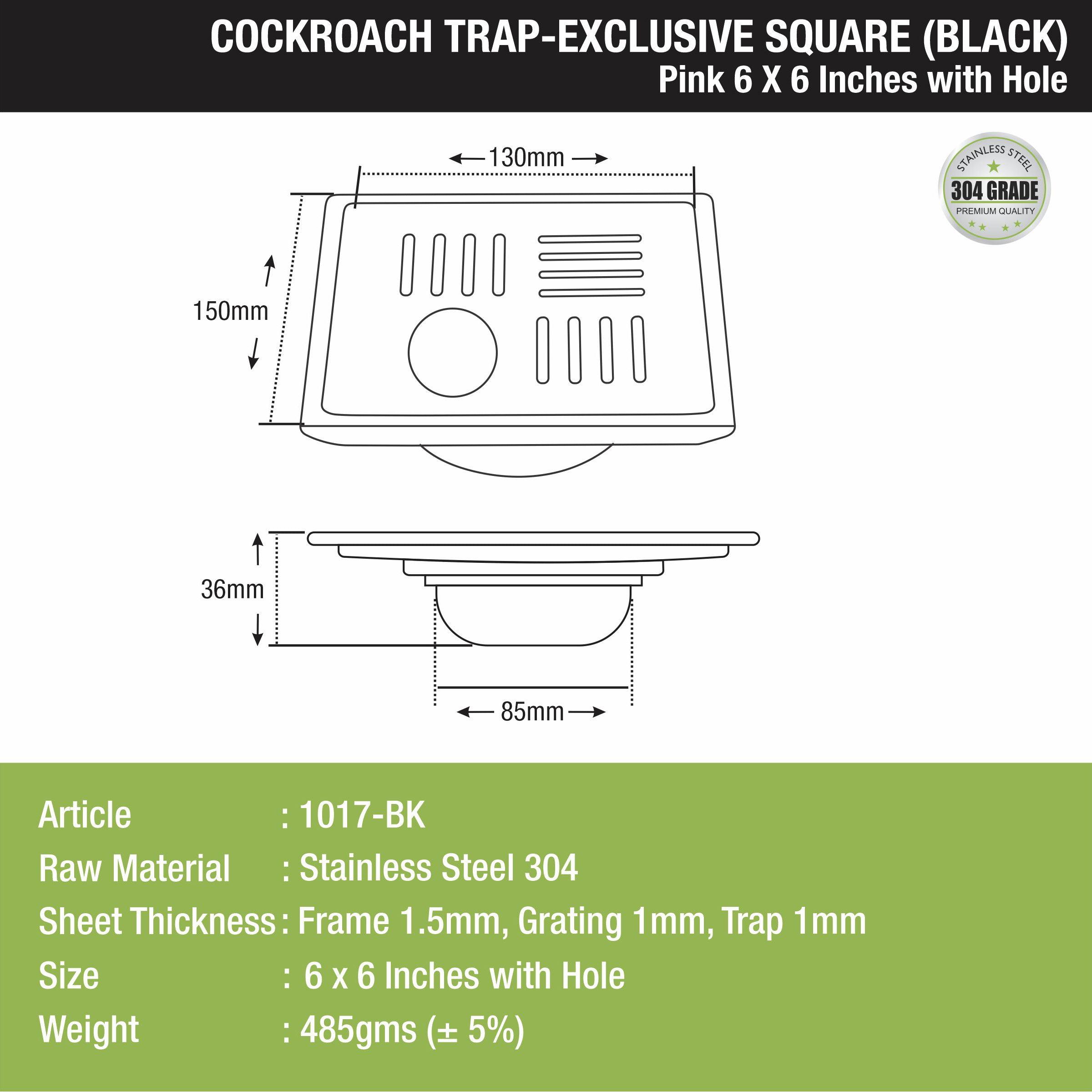 Pink Exclusive Square Floor Drain in Black PVD Coating (6 x 6 Inches) with Hole & Cockroach Trap size and measurement