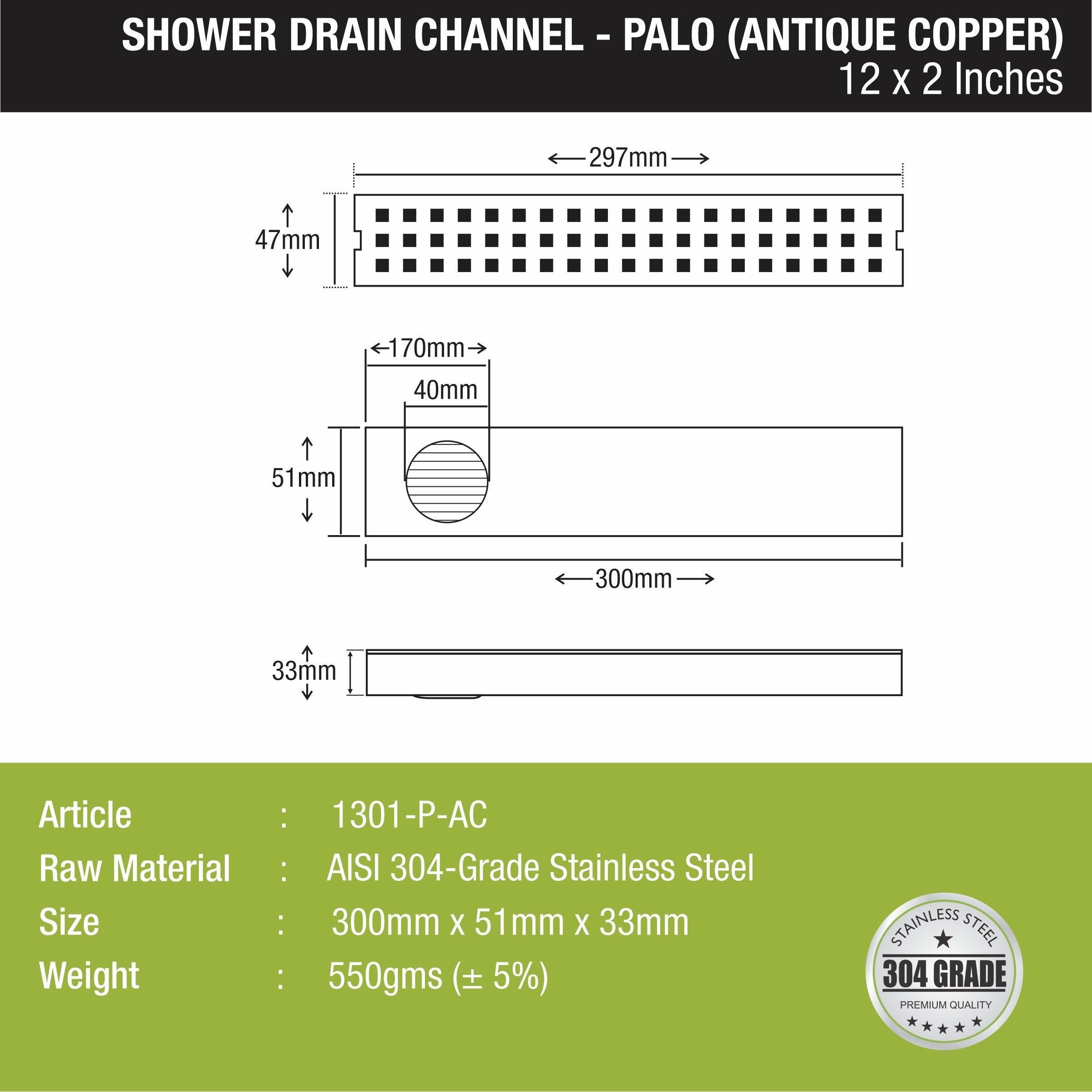 Palo Shower Drain Channel - Antique Copper (12 x 2 Inches) sizes and dimensions