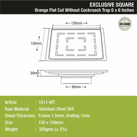 Orange Exclusive Square Flat Cut Floor Drain (6 x 6 Inches) - LIPKA - Lipka Home