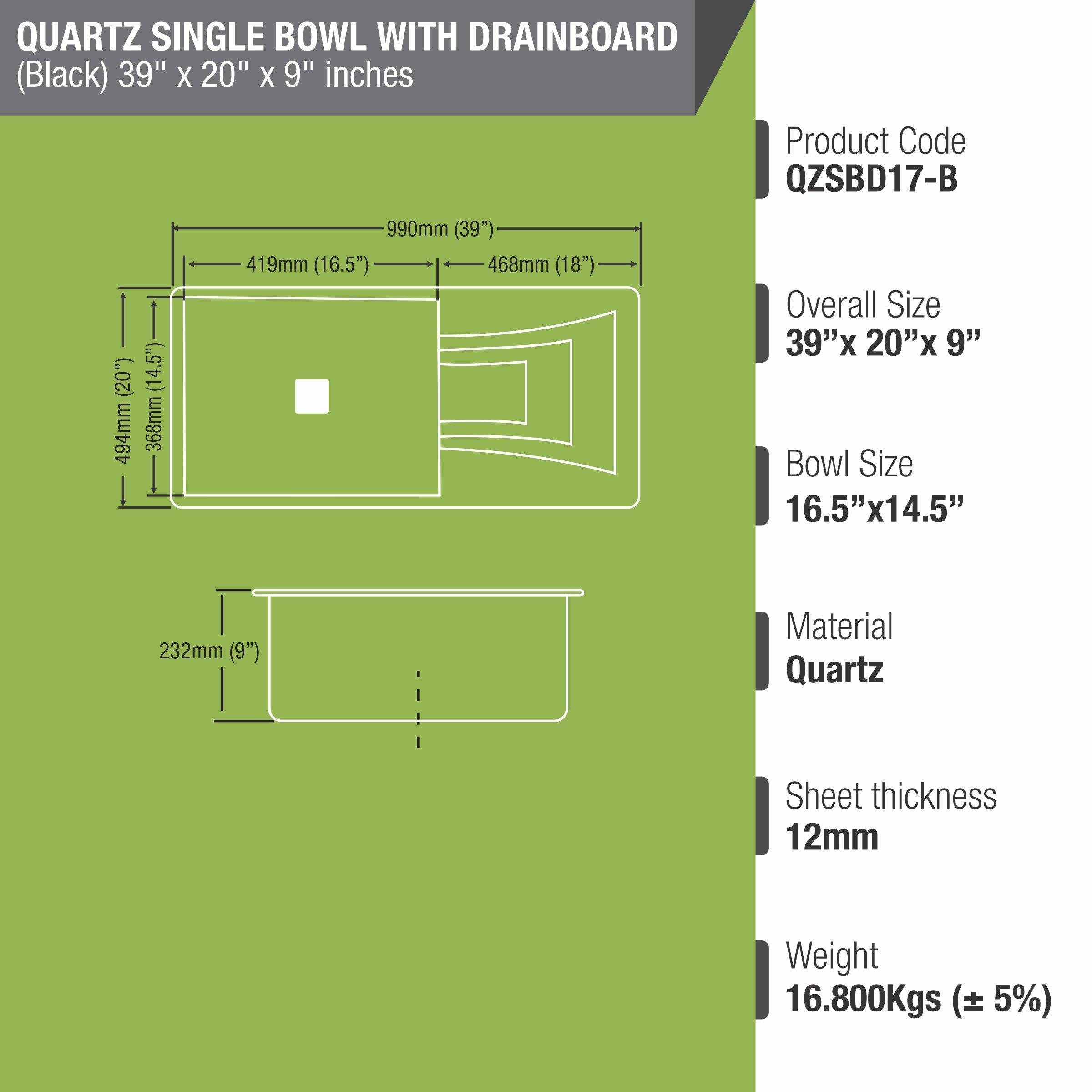 Black Quartz Single Bowl with Drainboard Kitchen Sink (39 x 20 x 9 Inches) - LIPKA - Lipka Home