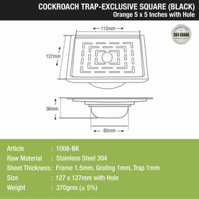 Orange Exclusive Square Floor Drain in Black PVD Coating (5 x 5 Inches) with Hole & Cockroach Trap - LIPKA - Lipka Home