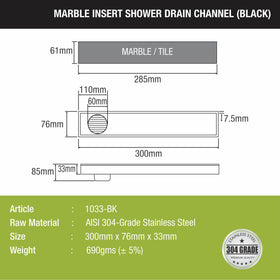 Marble Insert Shower Drain Channel - Black (12 x 3 Inches) - LIPKA - Lipka Home
