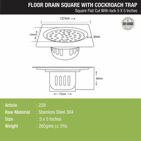 Square Flat Cut Floor Drain (5 x 5 Inches) with Lock and Cockroach Trap - LIPKA - Lipka Home