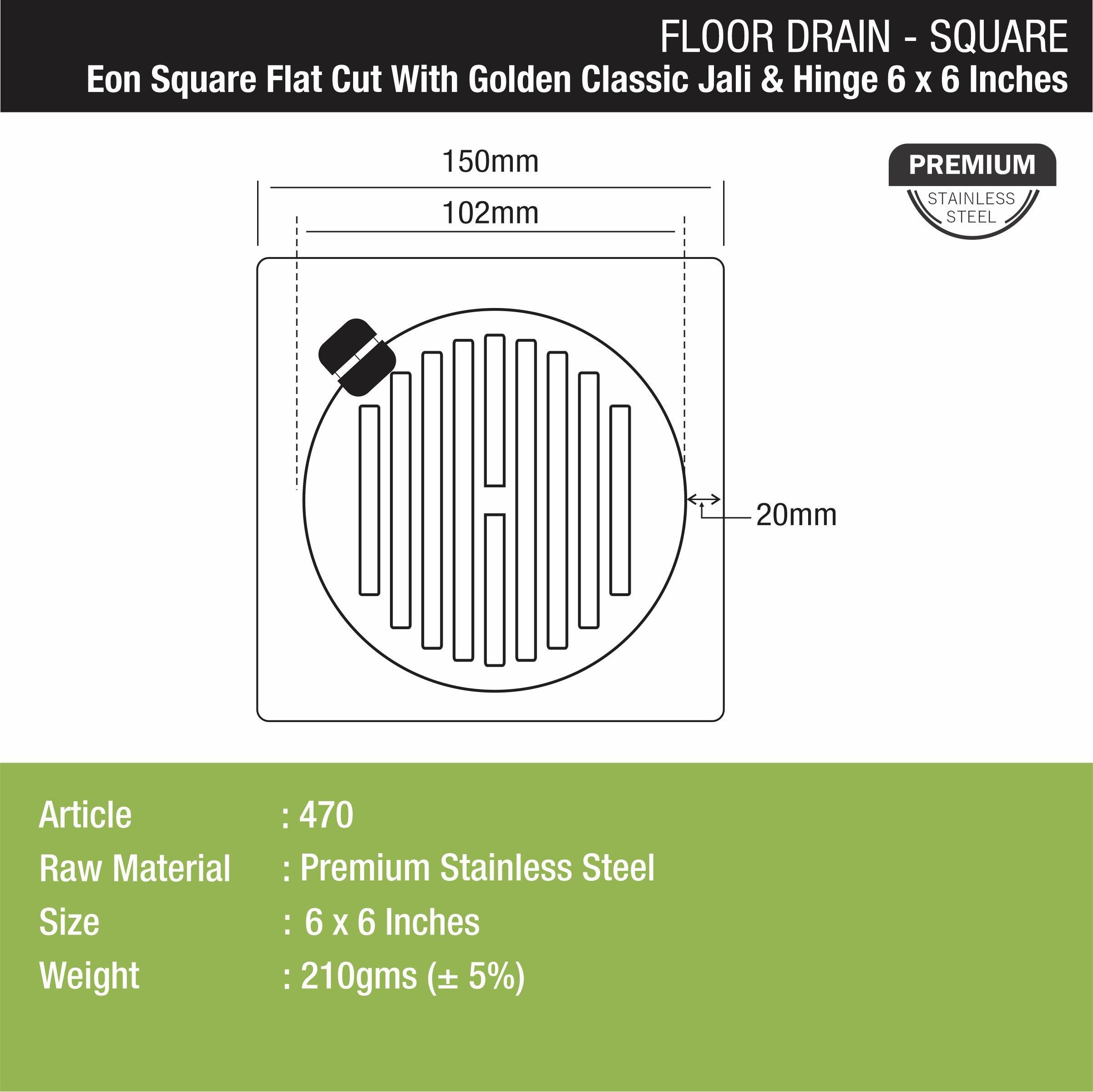 Eon Square Flat Cut Floor Drain with Golden Classic Jali and Hinge (6 x 6 Inches) - LIPKA - Lipka Home