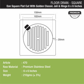 Eon Square Flat Cut Floor Drain with Golden Classic Jali and Hinge (6 x 6 Inches) - LIPKA - Lipka Home