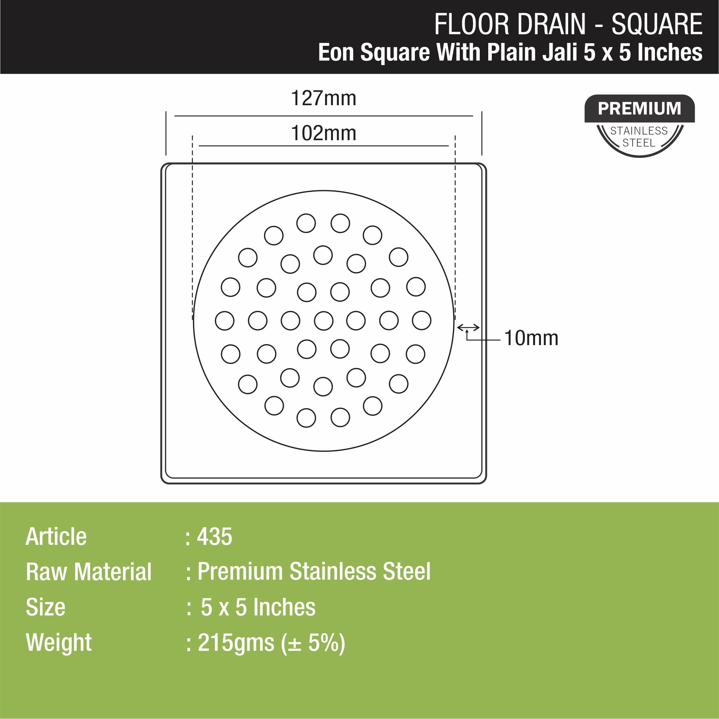 Eon Square Floor Drain with Plain Jali (5 x 5 Inches) - LIPKA - Lipka Home
