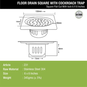 Square Flat Cut Floor Drain (6 x 6 Inches) with Lock and Cockroach Trap - LIPKA - Lipka Home