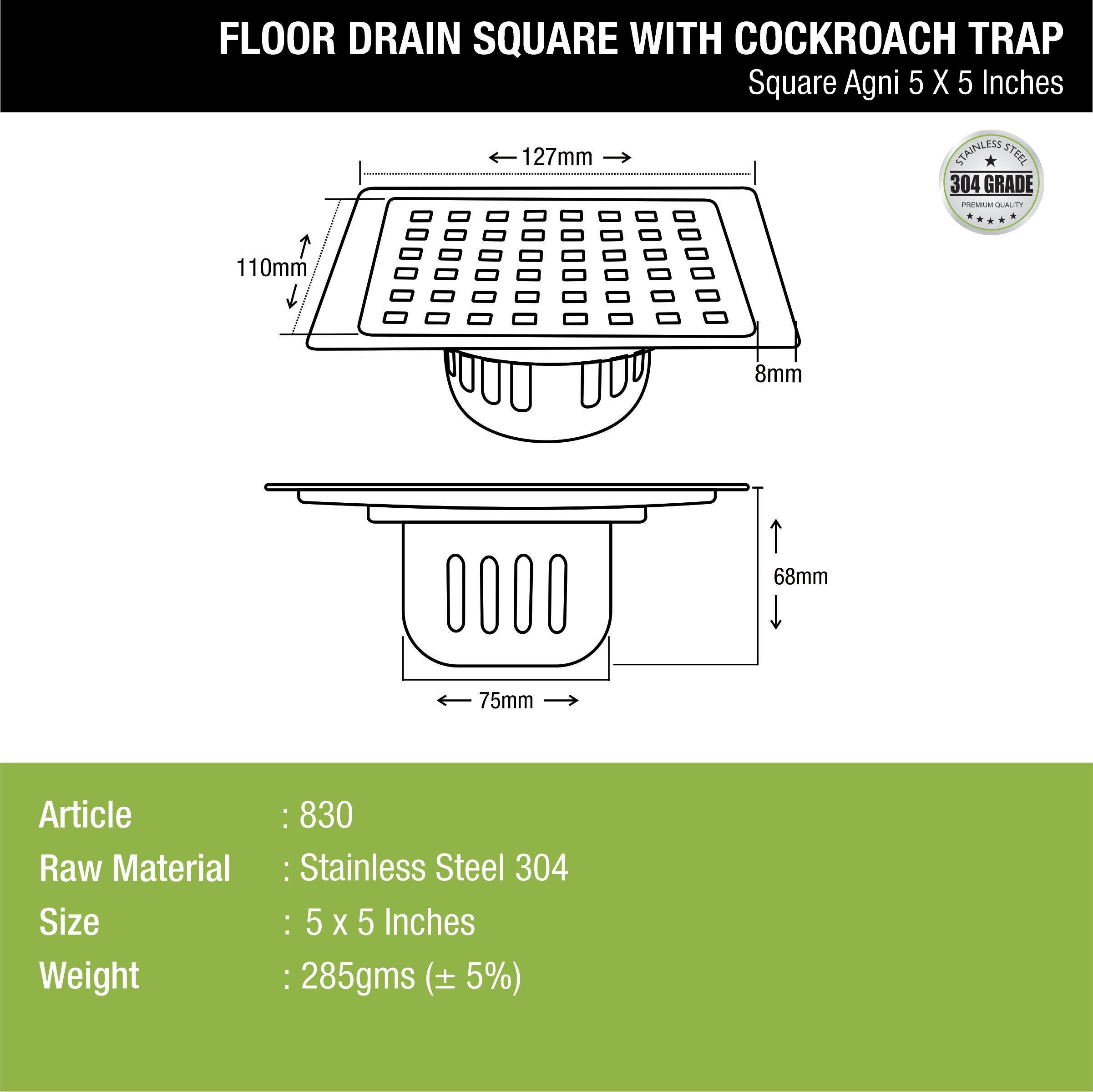 Agni Square Floor Drain (5 x 5 Inches) with Cockroach Trap - LIPKA - Lipka Home