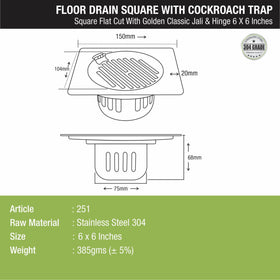 Golden Classic Jali Square Flat Cut Floor Drain (6 x 6 Inches) with Hinge and Cockroach Trap - LIPKA - Lipka Home