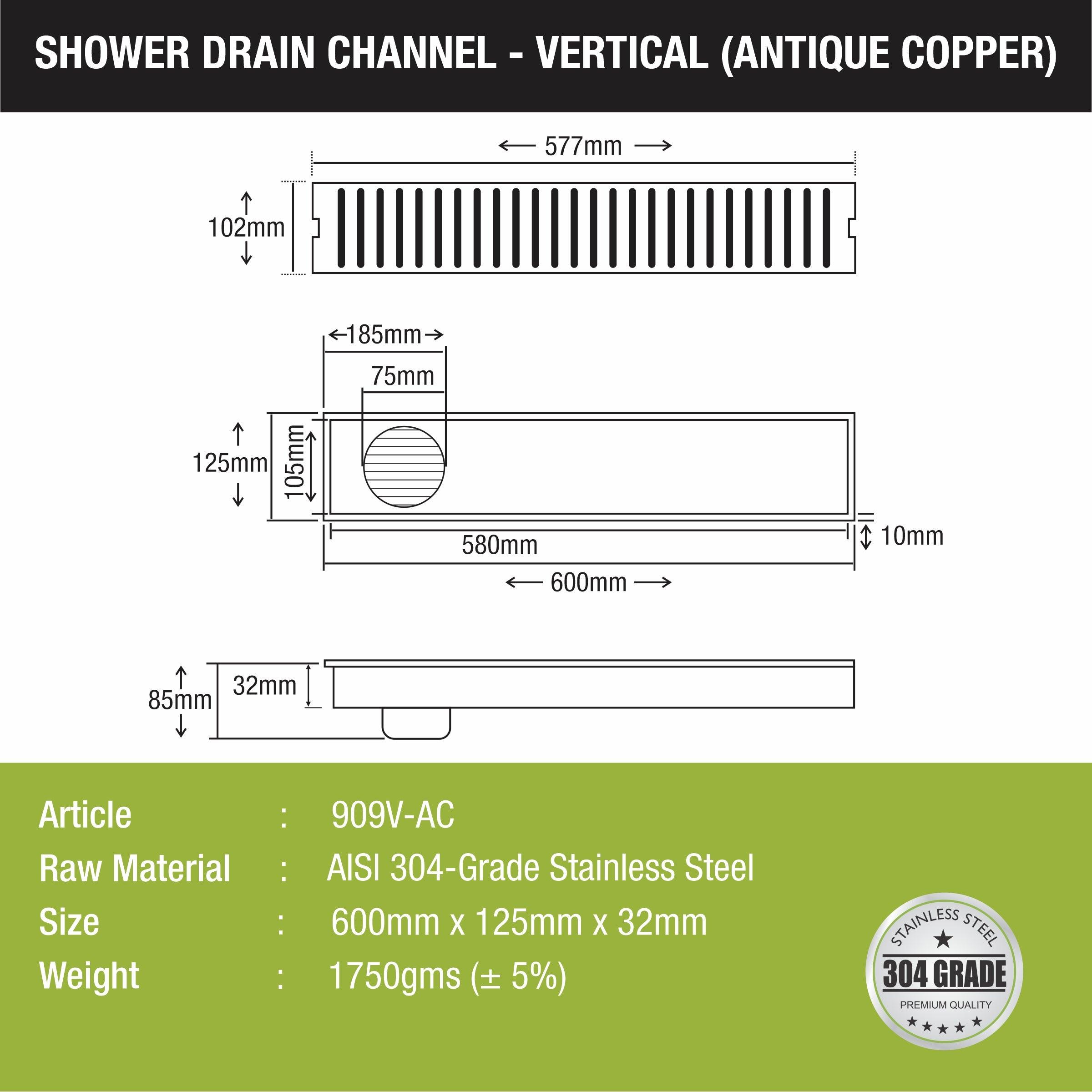 Vertical Shower Drain Channel - Antique Copper (24 x 5 Inches) - LIPKA - Lipka Home