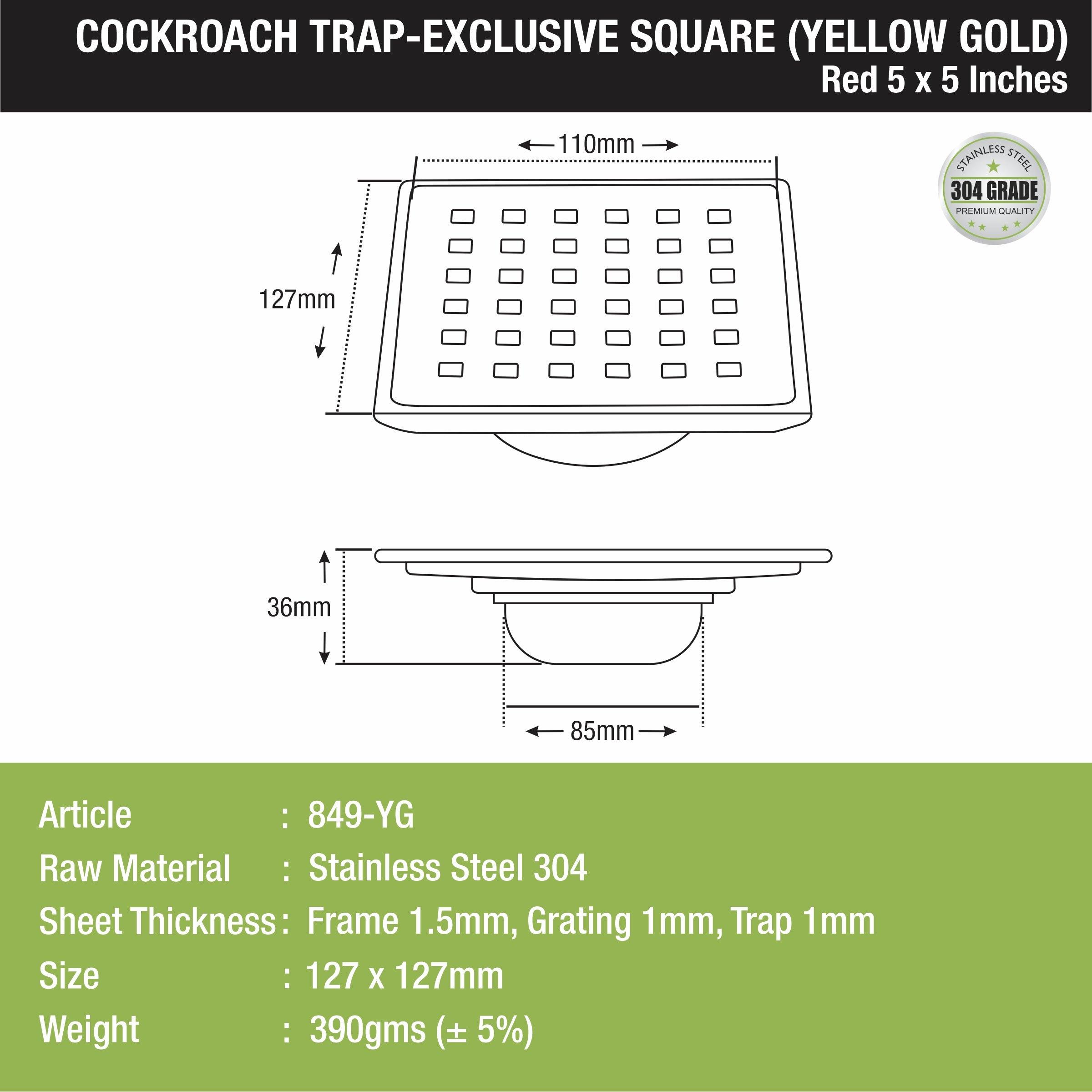 Red Exclusive Square Floor Drain in Yellow Gold PVD Coating (5 x 5 Inches) with Cockroach Trap - LIPKA - Lipka Home