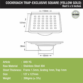 Red Exclusive Square Floor Drain in Yellow Gold PVD Coating (5 x 5 Inches) with Cockroach Trap - LIPKA - Lipka Home