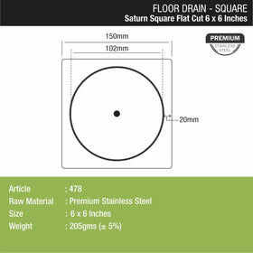 Saturn Square Flat Cut Floor Drain (6 x 6 Inches) - LIPKA - Lipka Home