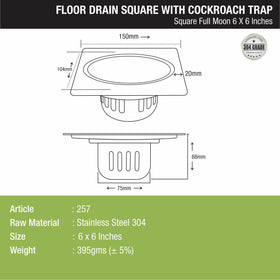 Full Moon Square Floor Drain (6 x 6 Inches) with Cockroach Trap - LIPKA - Lipka Home
