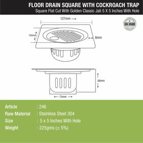 Golden Classic Jali Square Flat Cut Floor Drain (5 x 5 Inches) with Hole and Cockroach Trap - LIPKA - Lipka Home