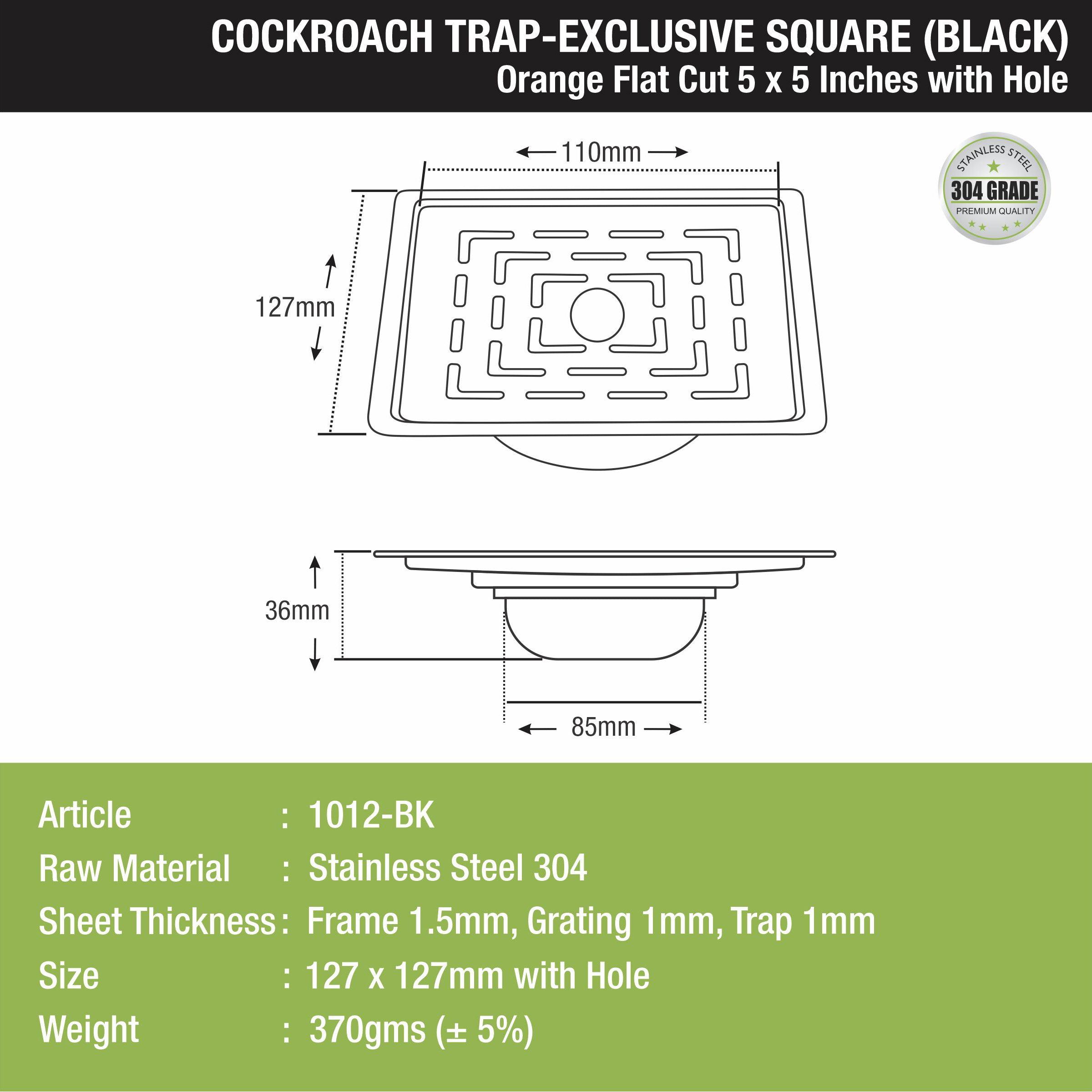 Orange Flat Cut Exclusive Square Floor Drain in Black PVD Coating (5 x 5 Inches) with Hole & Cockroach Trap size and measurement 