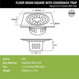 Square Floor Drain (6 x 6 Inches) with Hole and Cockroach Trap - LIPKA - Lipka Home