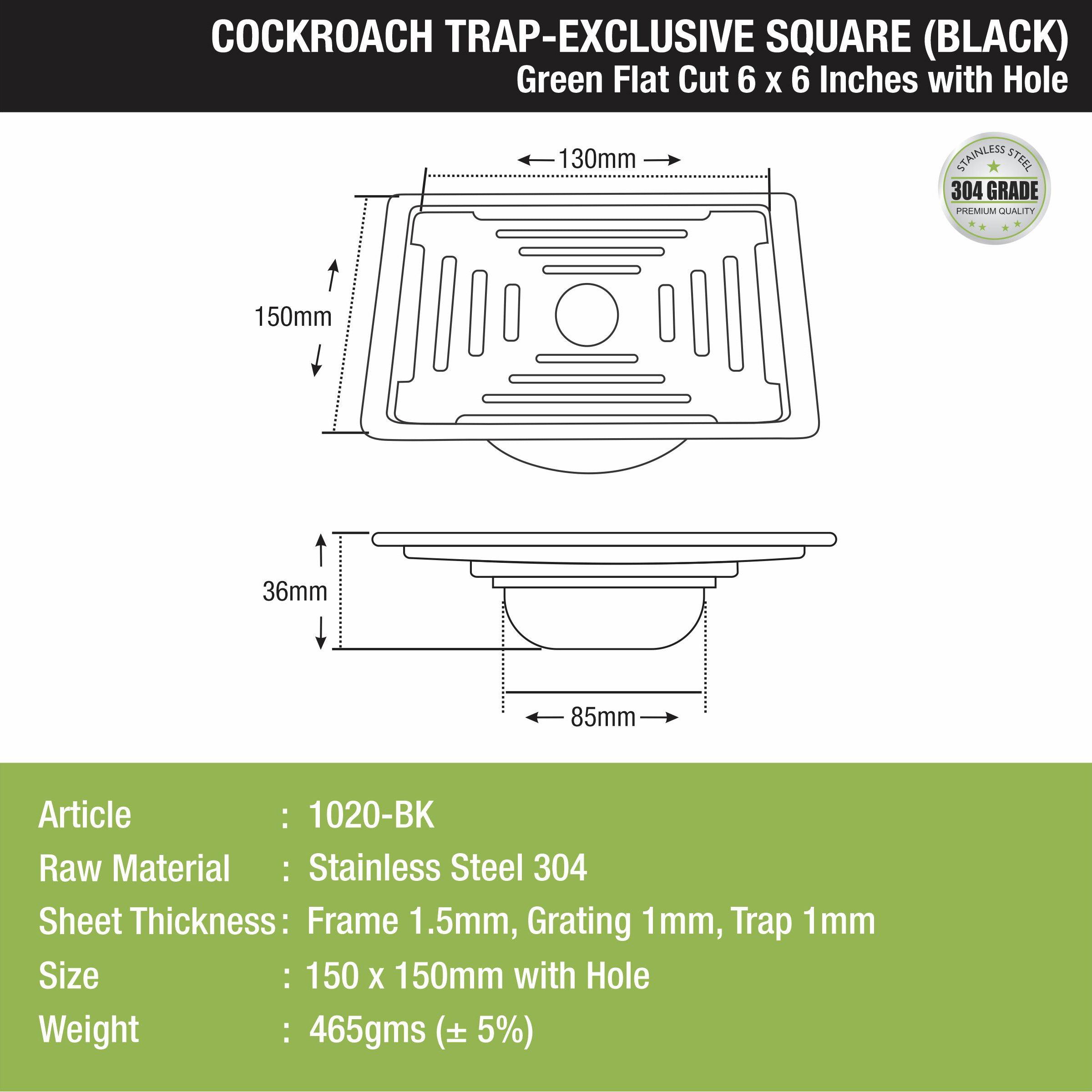 Green Exclusive Square Flat Cut Floor Drain in Black PVD Coating (6 x 6 Inches) with Hole & Cockroach Trap size and measurement 