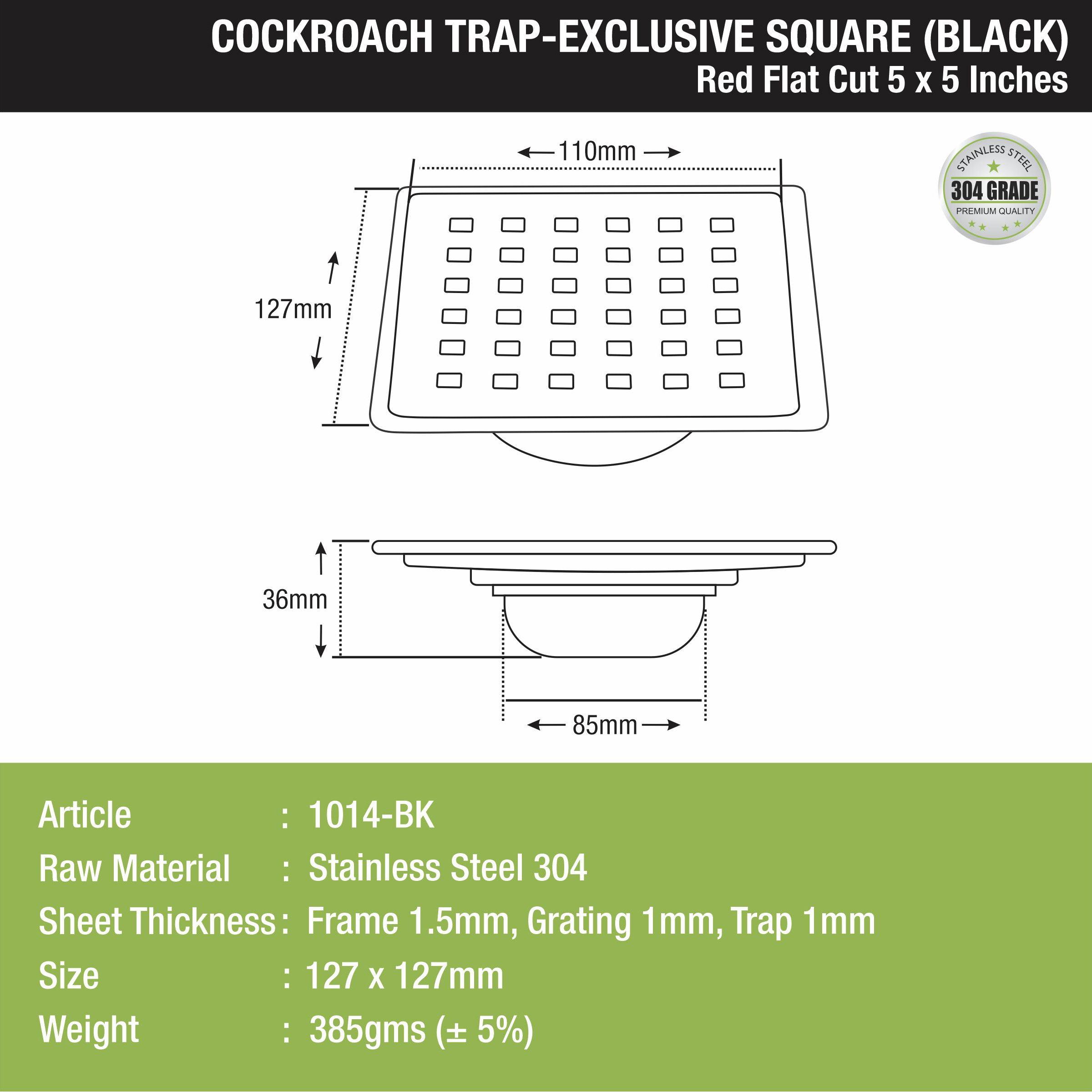 Red Exclusive Square Flat Cut Floor Drain in Black PVD Coating (5 x 5 Inches) with Cockroach Trap size and measurement 