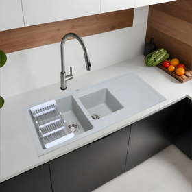 Sand Pluto Quartz Double Bowl with Drainboard Kitchen Sink (45 x 20 x 9 Inches) - LIPKA - Lipka Home