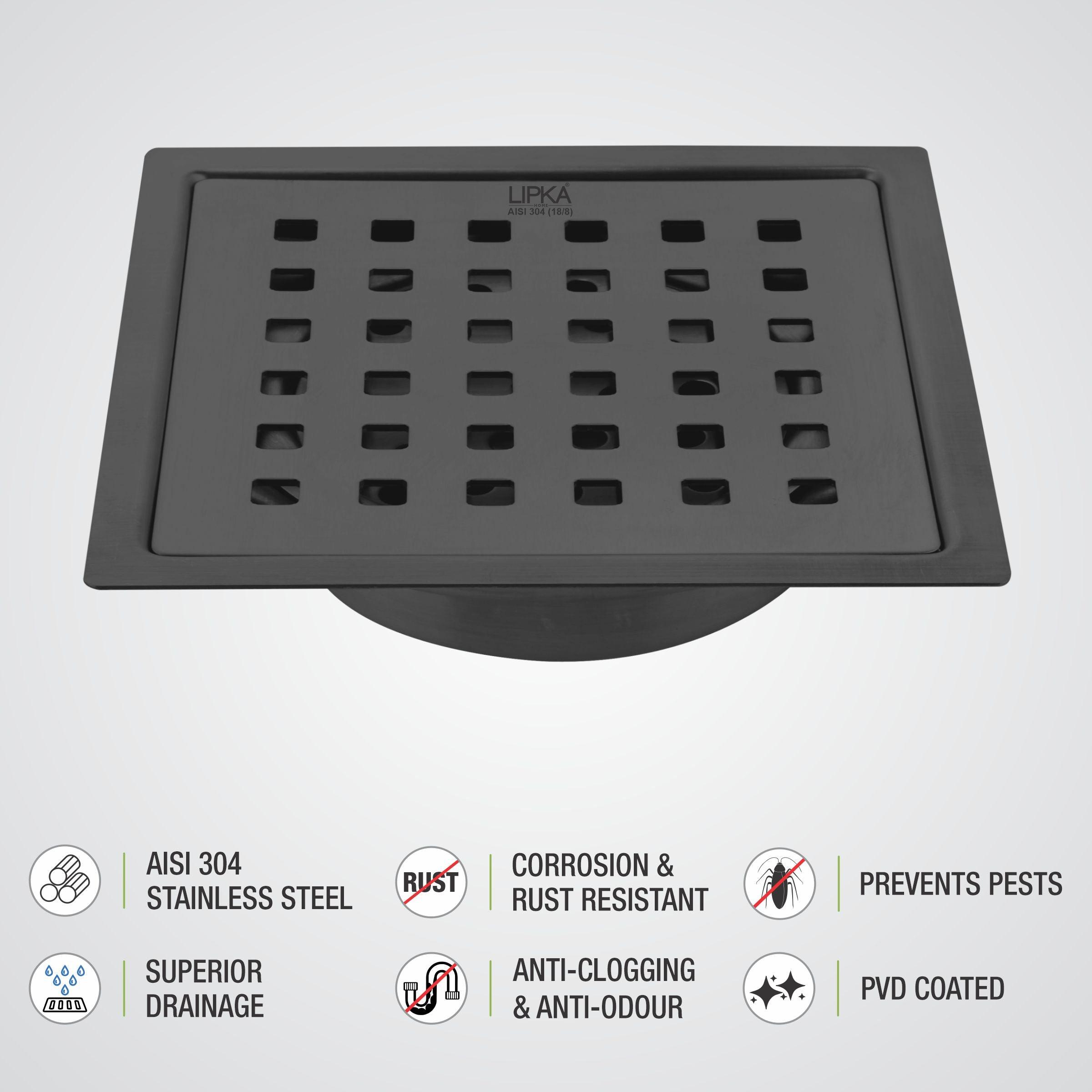 Red Exclusive Square Flat Cut Floor Drain in Black PVD Coating (5 x 5 Inches) with Cockroach Trap  detail