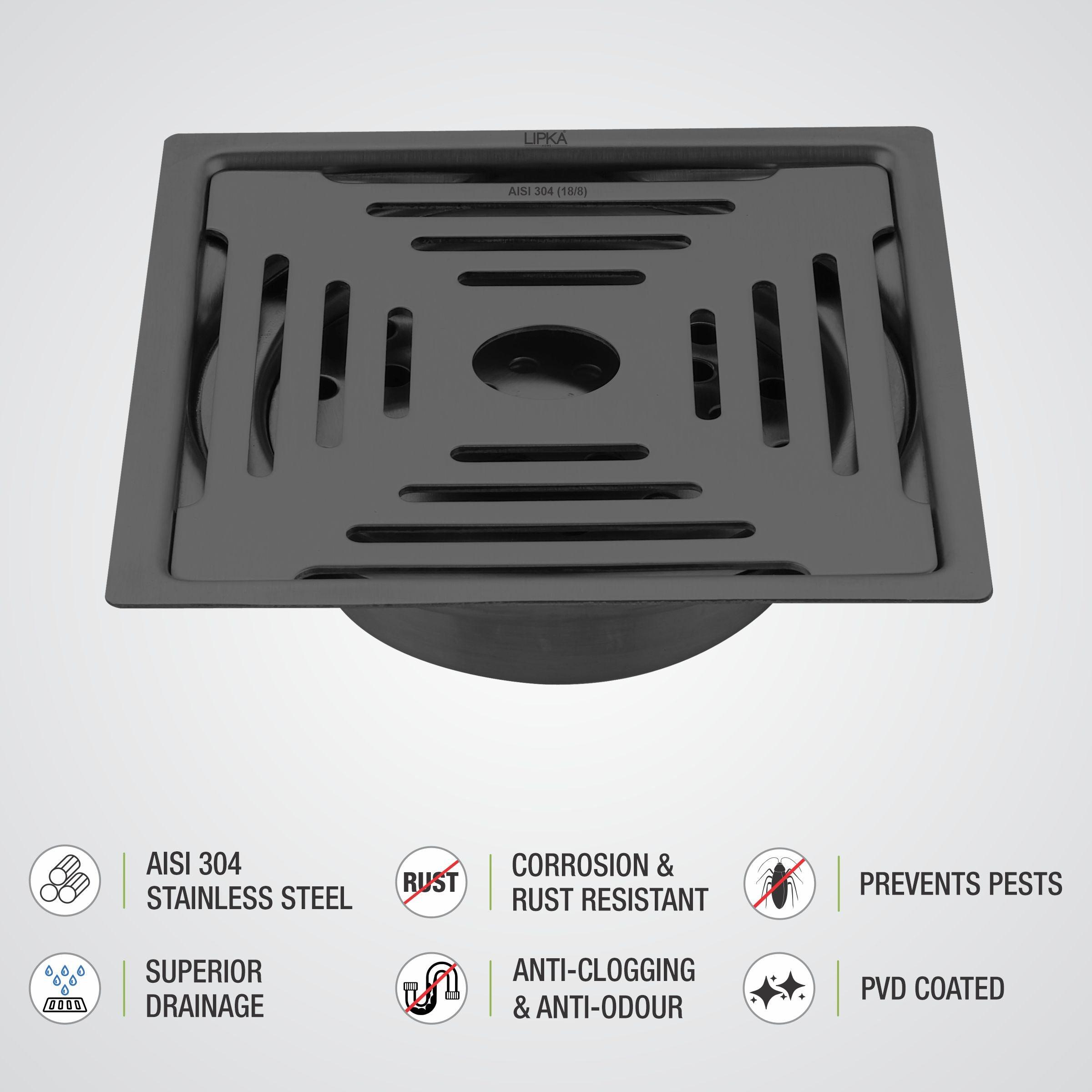Green Exclusive Square Flat Cut Floor Drain in Black PVD Coating (6 x 6 Inches) with Hole & Cockroach Trap detail