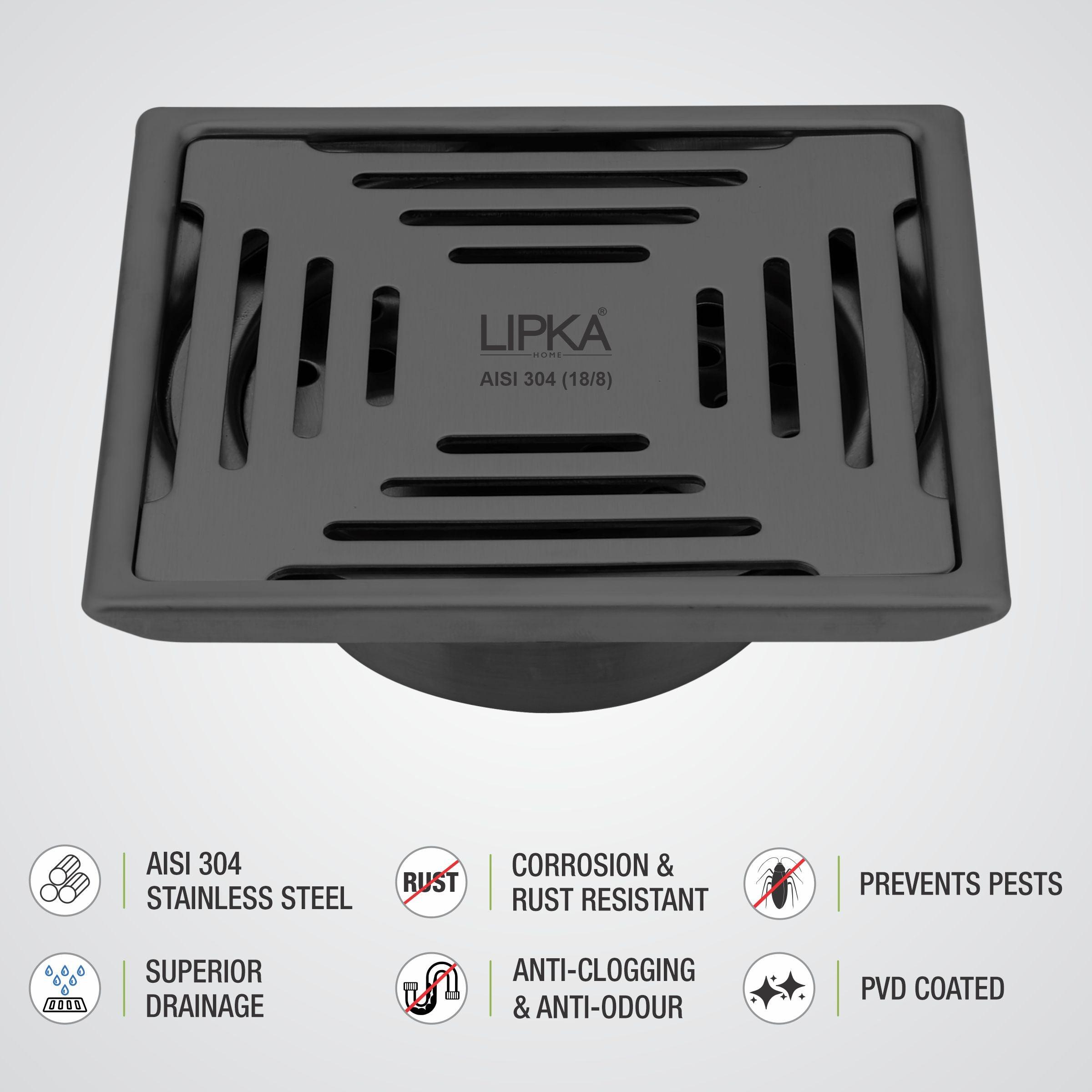 Green Exclusive Square Floor Drain in Black PVD Coating (5 x 5 Inches) with Cockroach Trap details
