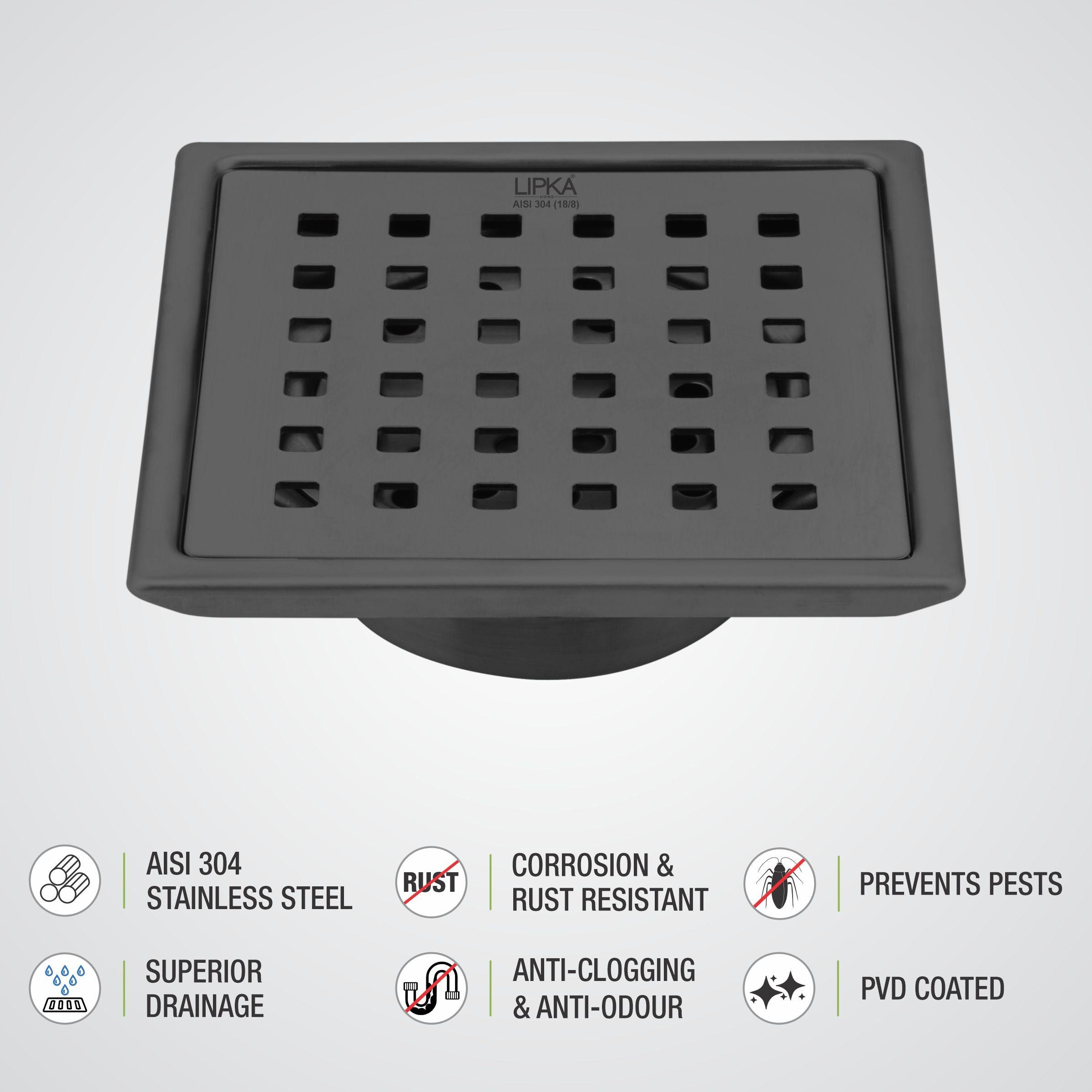 Red Exclusive Square Floor Drain in Black PVD Coating (6 x 6 Inches) with Cockroach Trap - LIPKA - Lipka Home