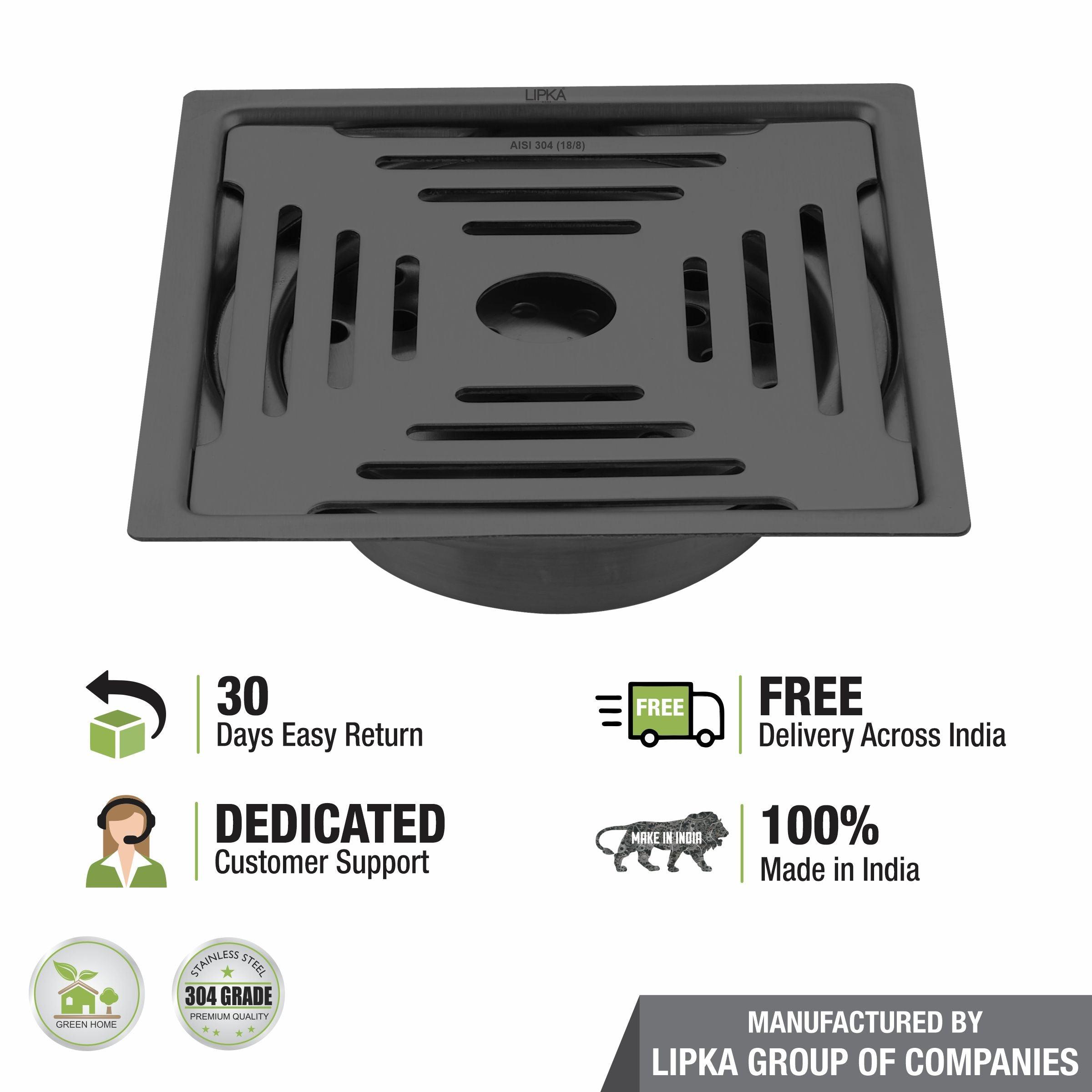Green Exclusive Square Flat Cut Floor Drain in Black PVD Coating (6 x 6 Inches) with Hole & Cockroach Trap free delivery