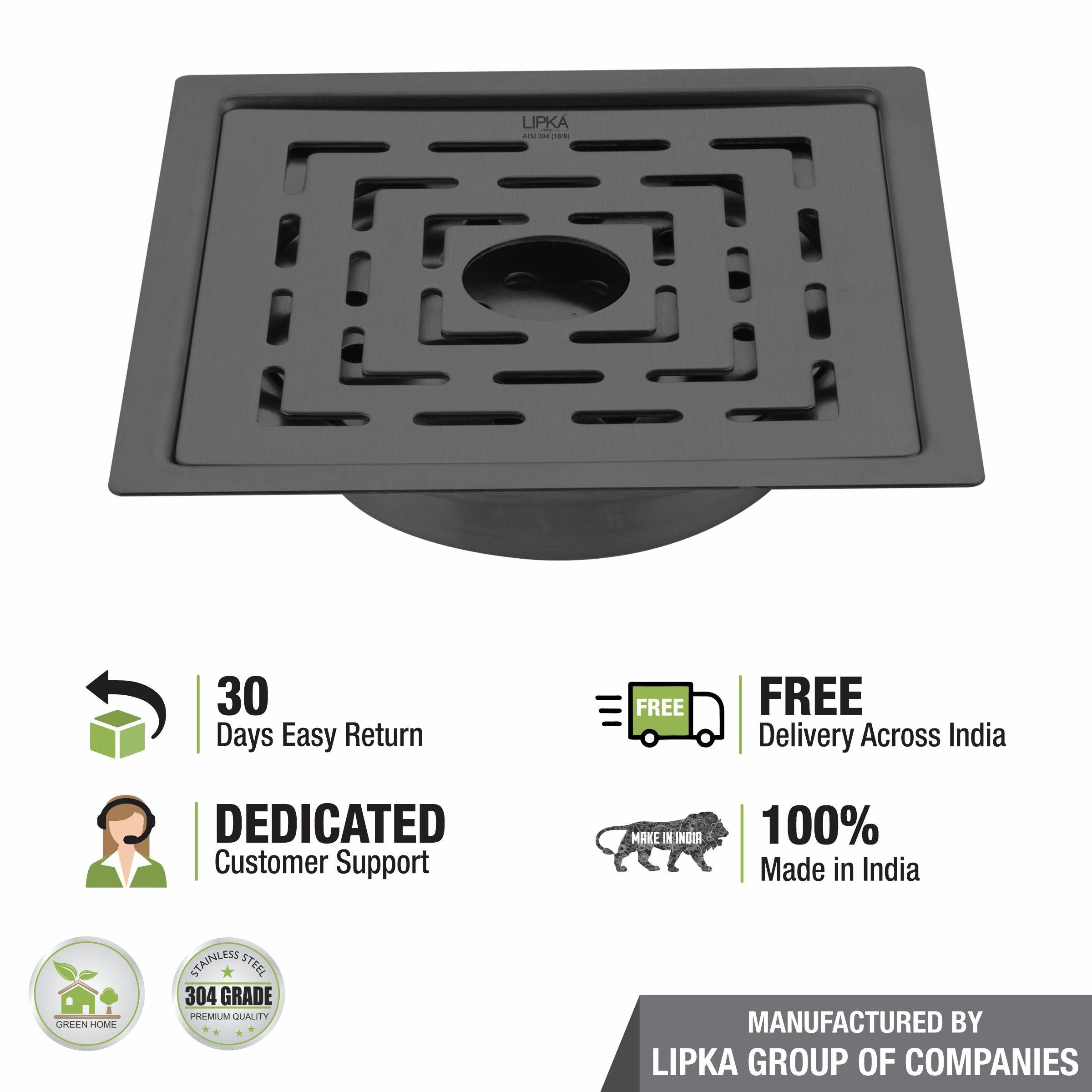 Orange Flat Cut Exclusive Square Floor Drain in Black PVD Coating (5 x 5 Inches) with Hole & Cockroach Trap - LIPKA - Lipka Home