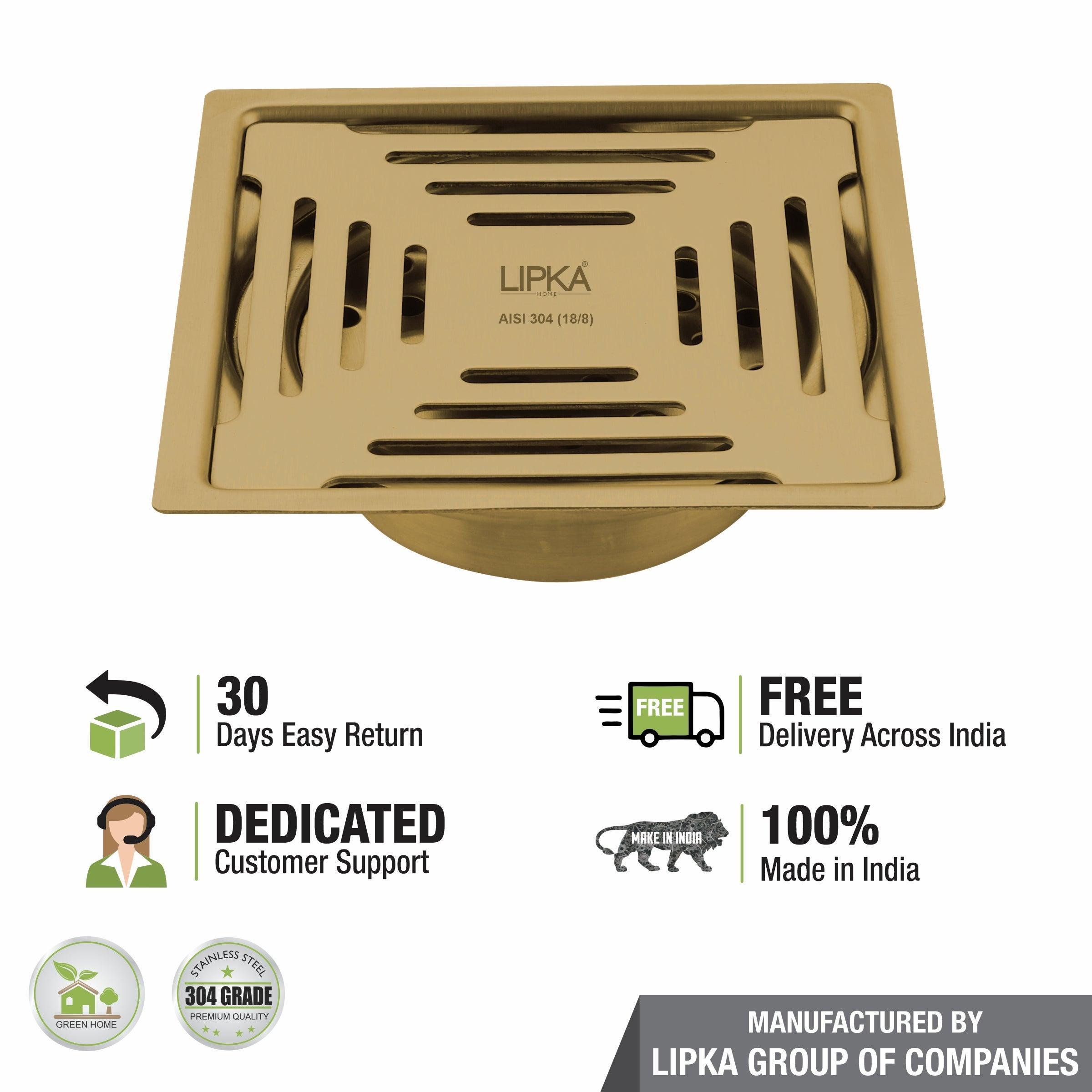 Green Exclusive Square Flat Cut Floor Drain in Yellow Gold PVD Coating (5 x 5 Inches) with Cockroach Trap - LIPKA - Lipka Home
