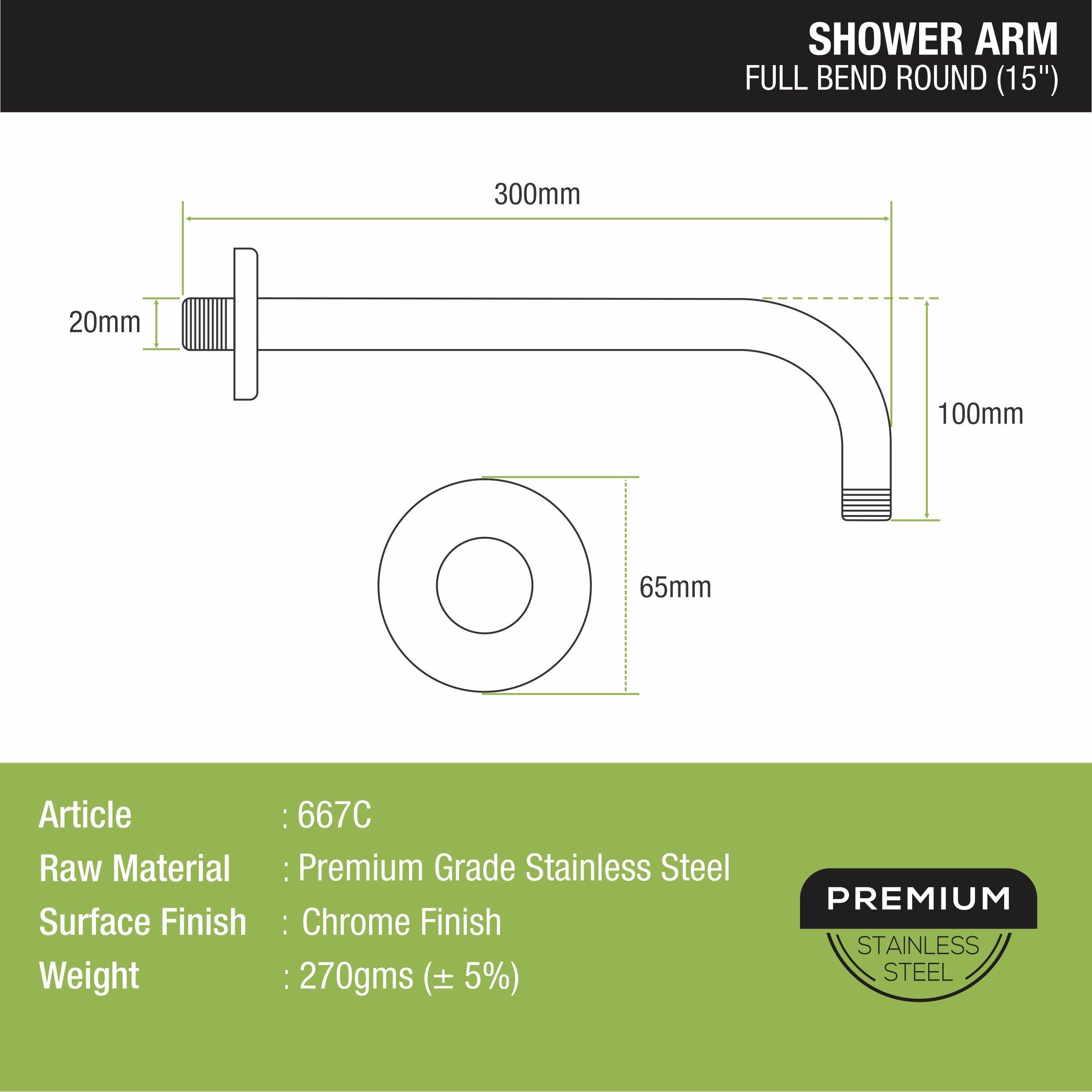 Full Bend Round Shower Arm (15 Inches) sizes and dimensions