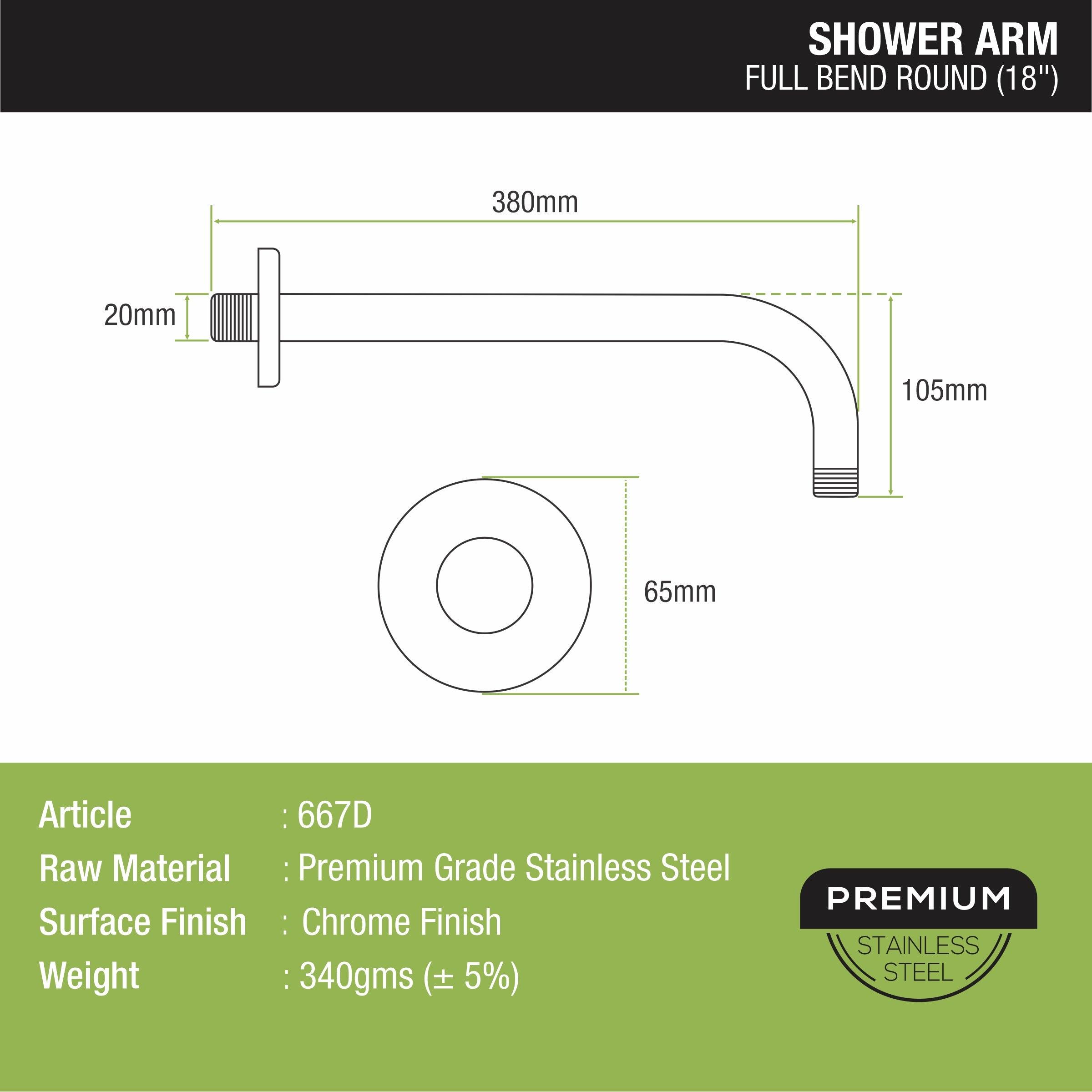 Full Bend Round Shower Arm (18 Inches) sizes and dimensions