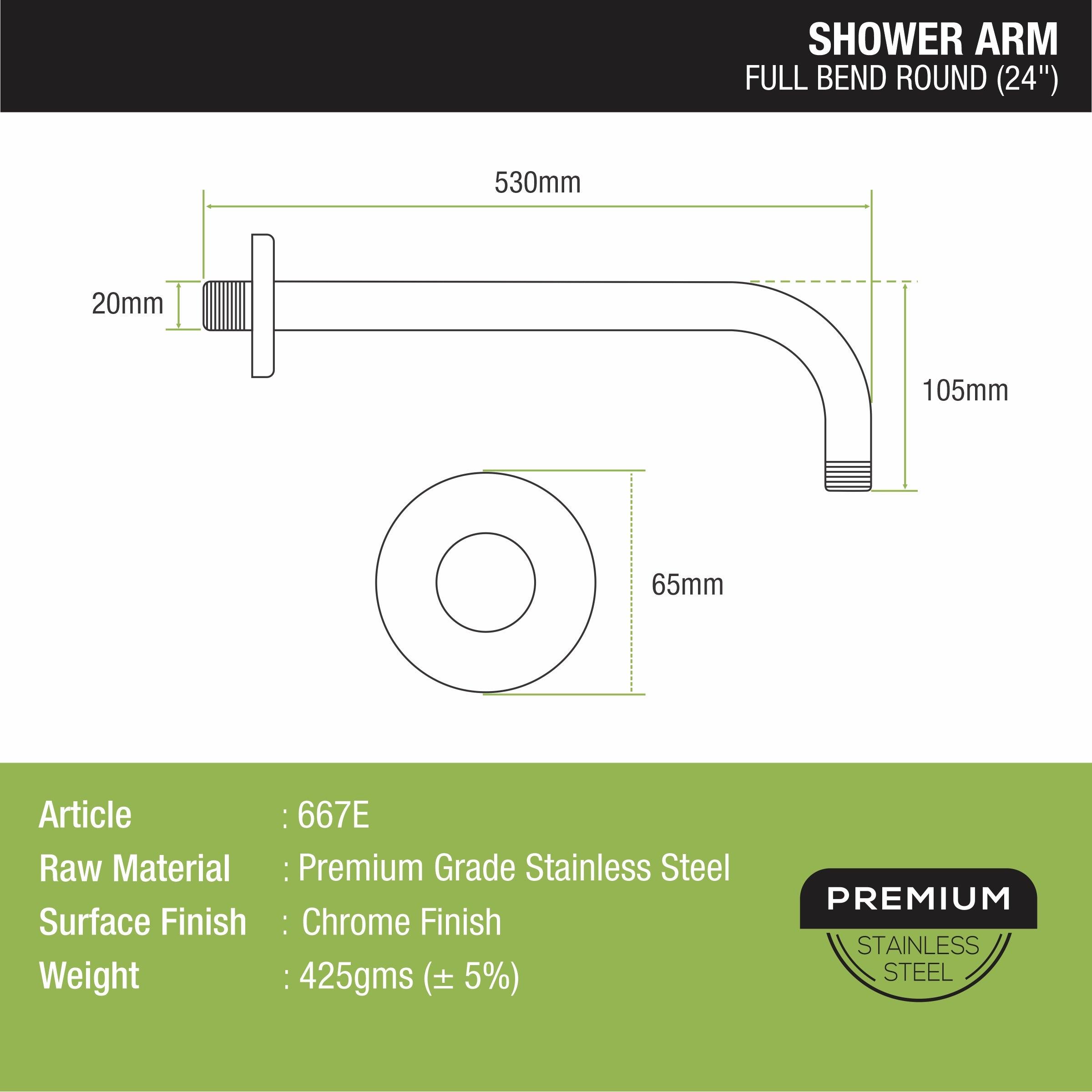 Full Bend Round Shower Arm (24 Inches) sizes and dimensions