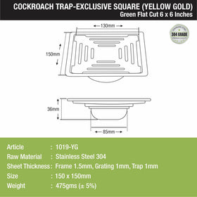 Green Exclusive Square Flat Cut Floor Drain in Yellow Gold PVD Coating (6 x 6 Inches) with Cockroach Trap - LIPKA - Lipka Home