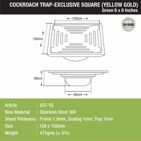 Green Exclusive Square Floor Drain in Yellow Gold PVD Coating (6 x 6 Inches) with Cockroach Trap - LIPKA - Lipka Home