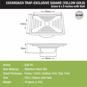 Green Exclusive Square Floor Drain in Yellow Gold PVD Coating (6 x 6 Inches) with Hole & Cockroach Trap - LIPKA - Lipka Home