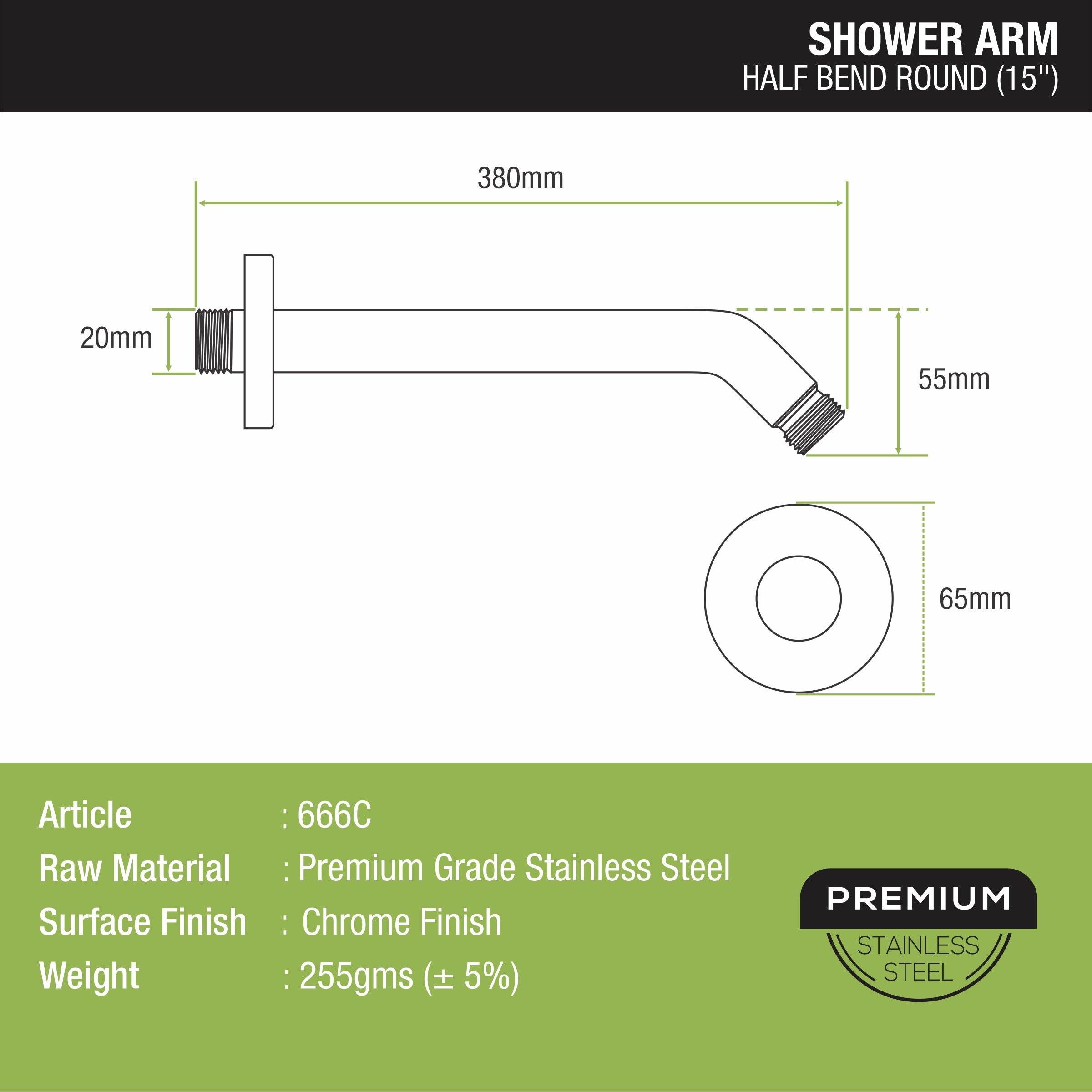 Half Bend Round Shower Arm (15 Inches) sizes and dimensions