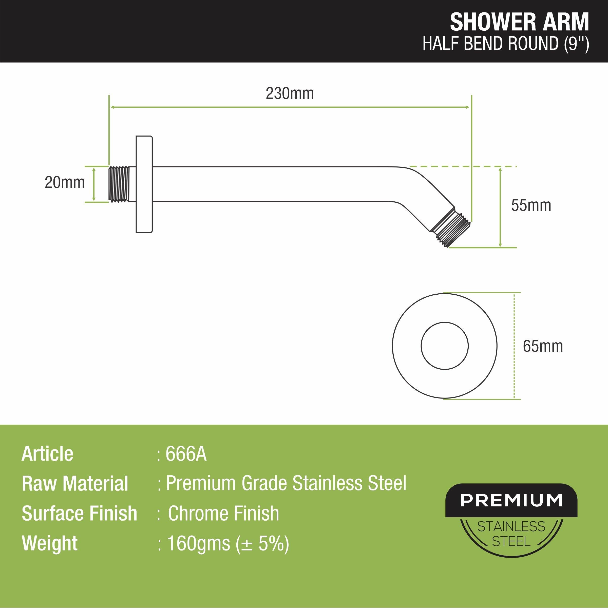 Half Bend Round Shower Arm (9 Inches) sizes and dimensions