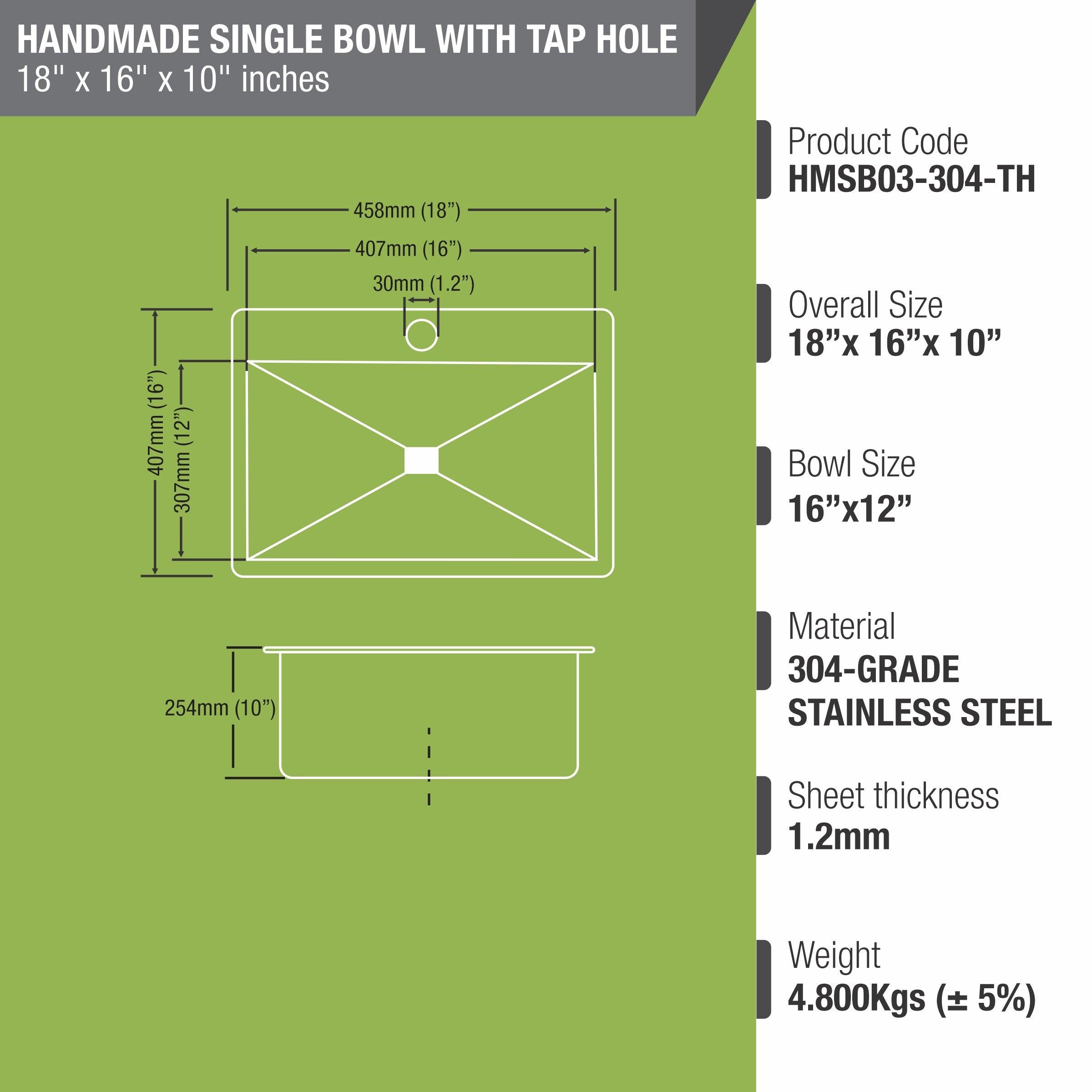 Handmade Single Bowl 304-Grade Kitchen Sink with Tap Hole (18 x 16 x 10 Inches) sizes and dimensions